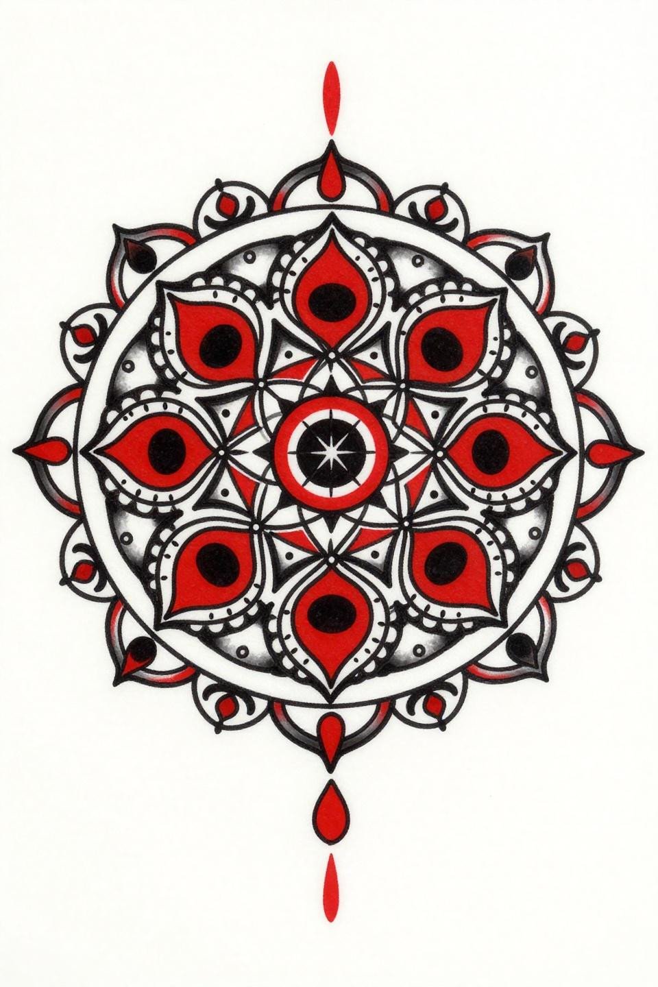 mandala mehndi design old school sailor flash, sixteen-pointed star center, crimson red accent on black, bold 3pt outlines, crescent moon clusters outer border bilateral symmetry