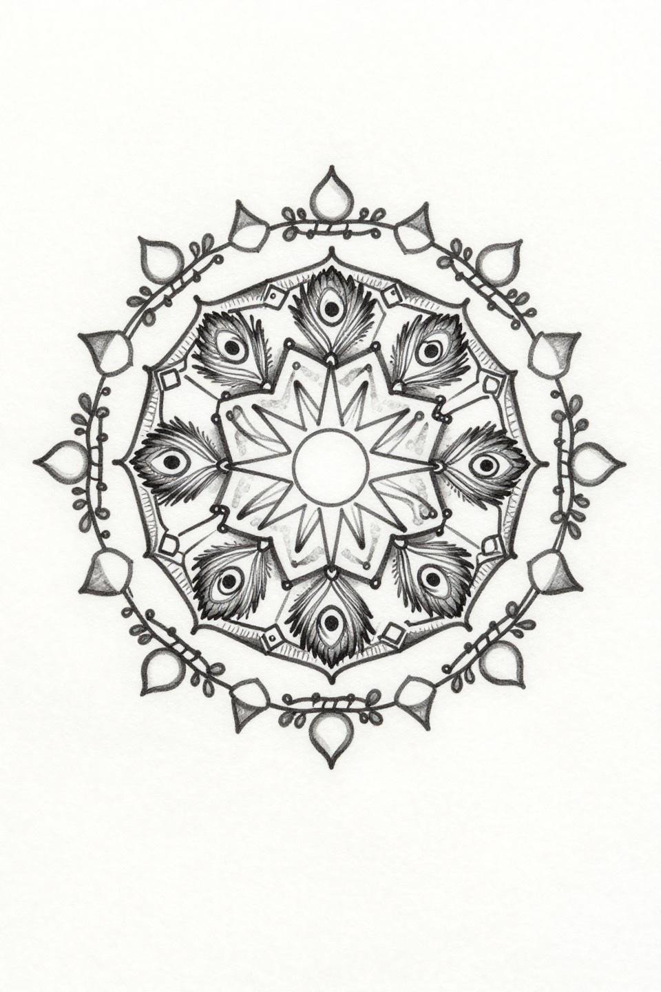 mandala mehndi design single continuous line flash, octagonal sunburst center, hairline unbroken stroke, peacock eye chambers, hexagon diamond chain borders, no fills