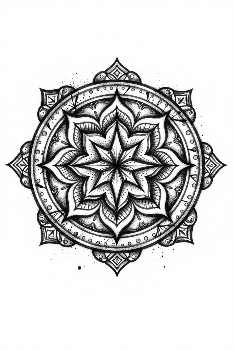 mandala mehndi design trash polka flash, sixteen-pointed star, ink splatter marks disrupting geometric rings, lotus petals, grey wash midtones, gestural brushwork