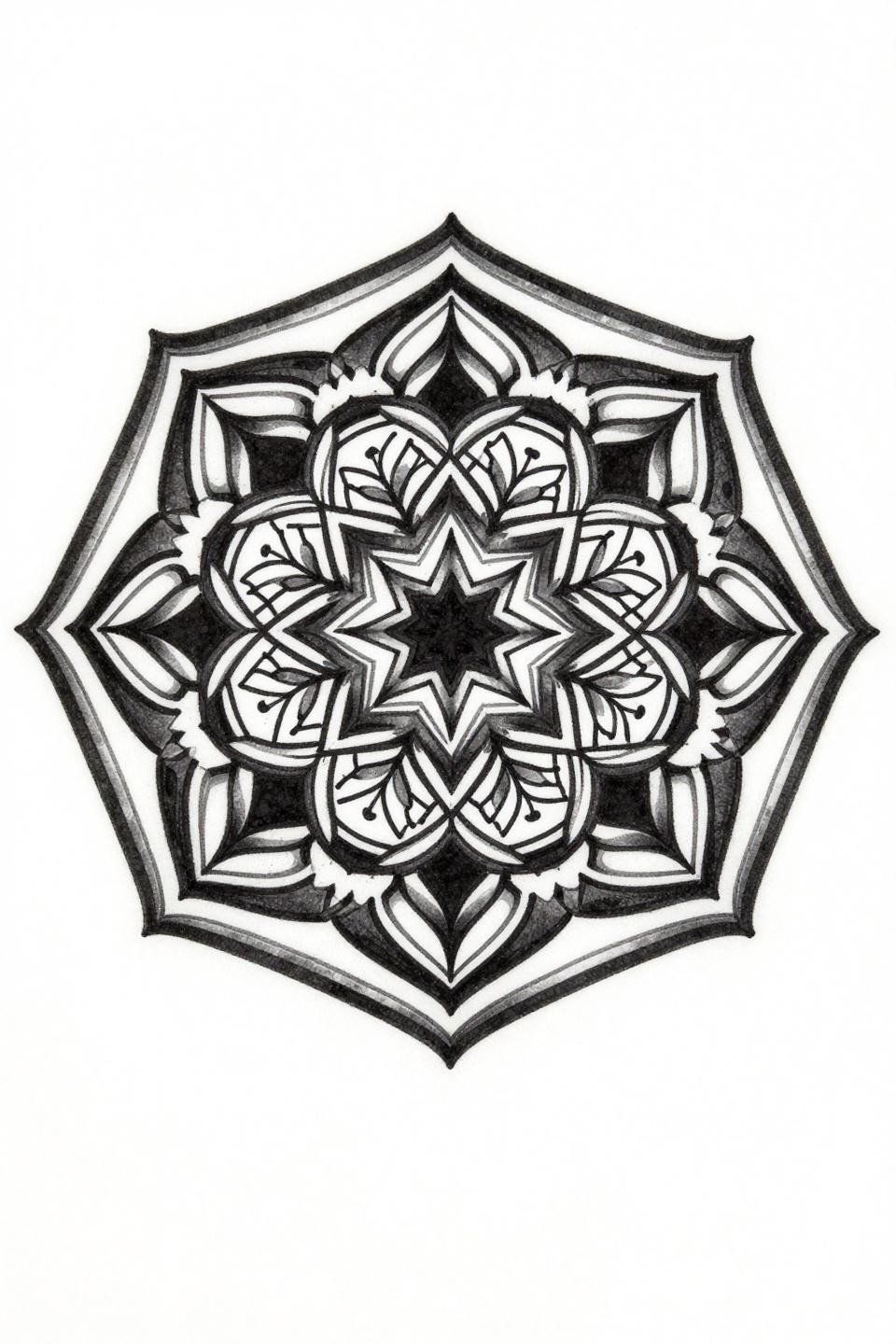 mandala mehndi design tribal geometric flash, eight-pointed star center, bold black flat fills, angular teardrop crescent rings, mehndi lattice negative space flower buds, no grey wash