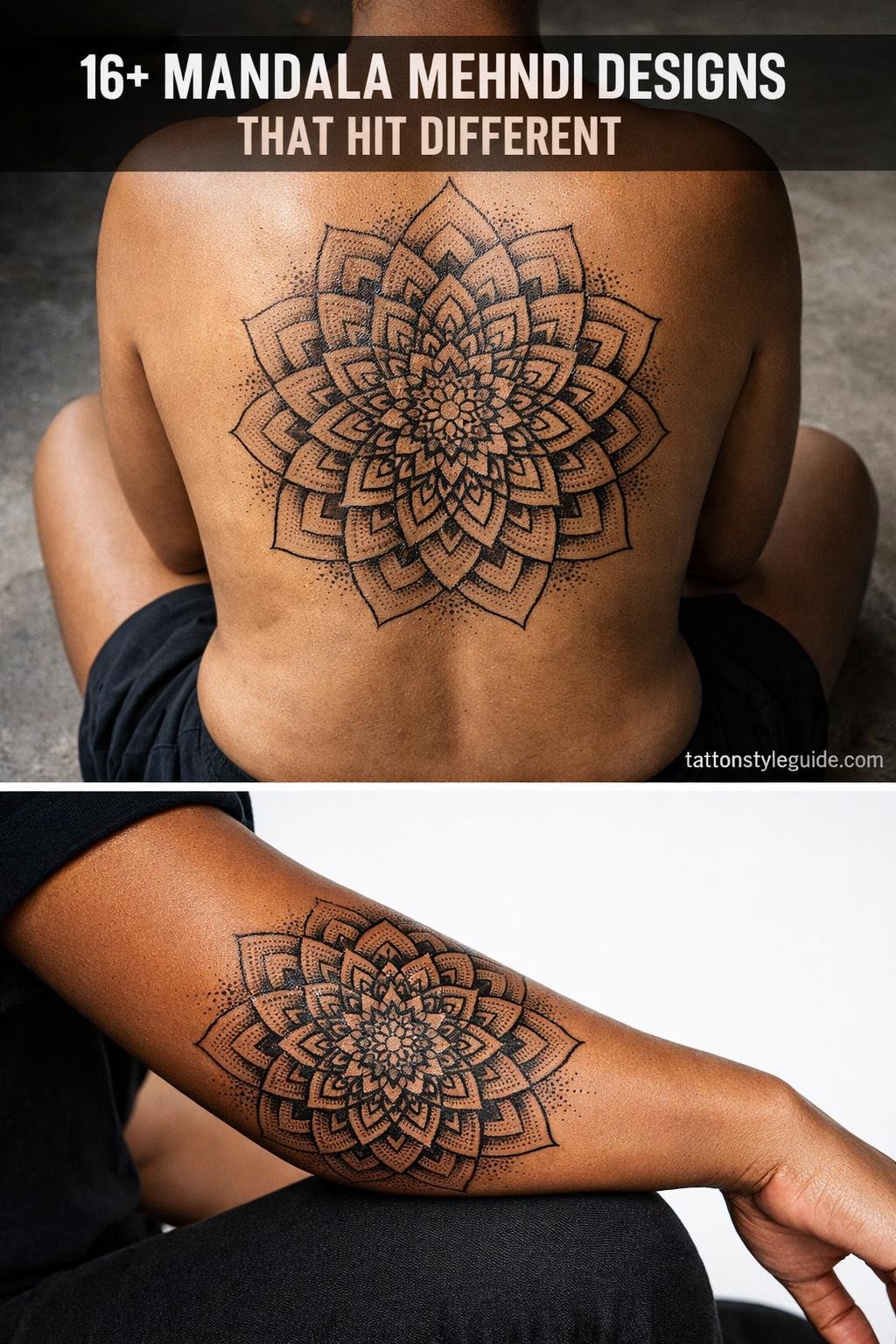 Mandala mehndi dotwork tattoo on upper back and forearm, stipple radiating symmetry, black ink settled into medium olive and deep brown skin, studio and natural light