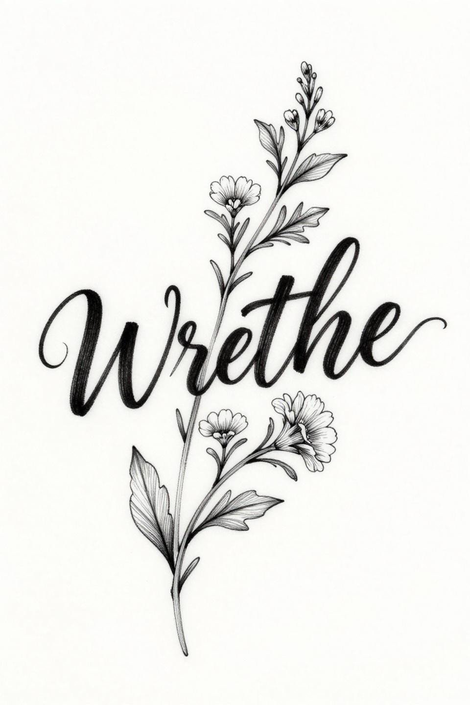 botanical scientific style meaningful word tattoo flash, cursive breathe script with vine tendrils between characters, single wildflower at final letter, hairline 0.5mm single-needle strokes, fine botanical linework on white paper