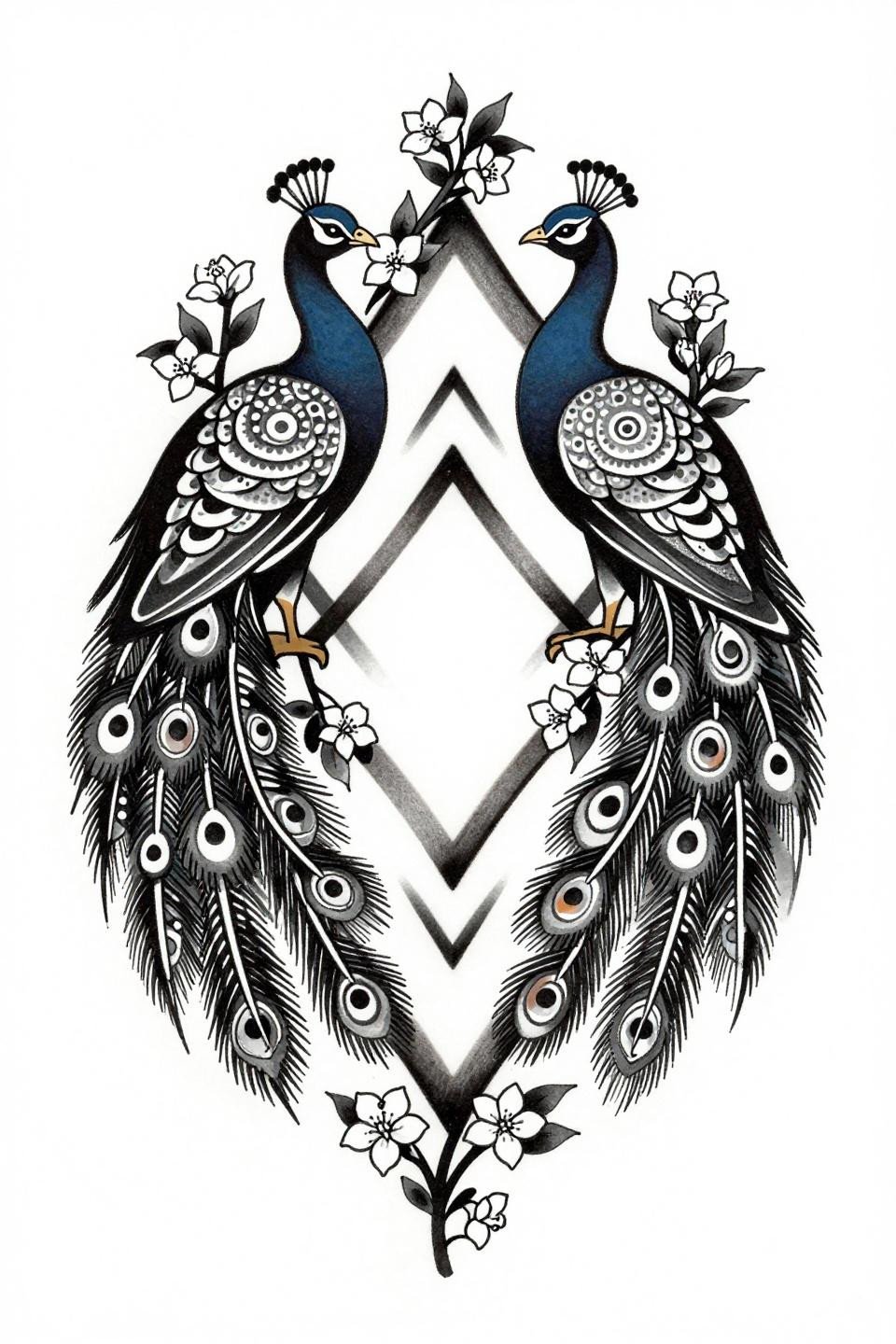 front hand mehndi designs simple Arabic, traditional American style flash, opposing peacock silhouettes, dot-fill mandala tail feathers, diamond lattice frame, bold 2-3pt outlines flat black fills