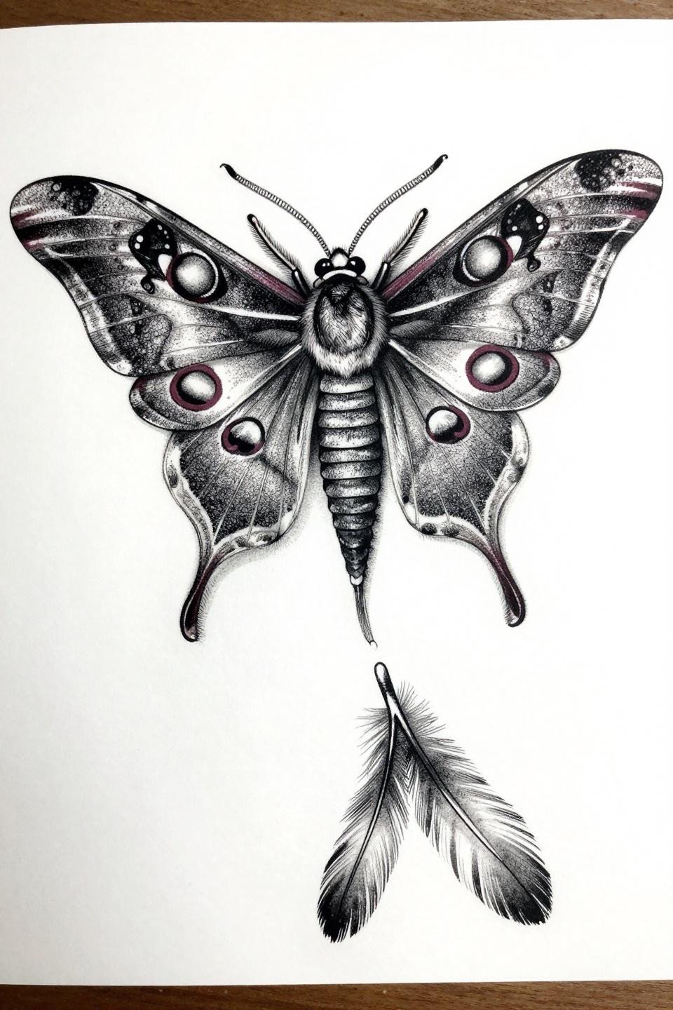 Cecropia moth ethereal tattoo flash, blackwork dotwork style, stipple dot gradient dense to open, grey wash midtones, left-facing profile, translucent window-pane eyespots, feathered antennae