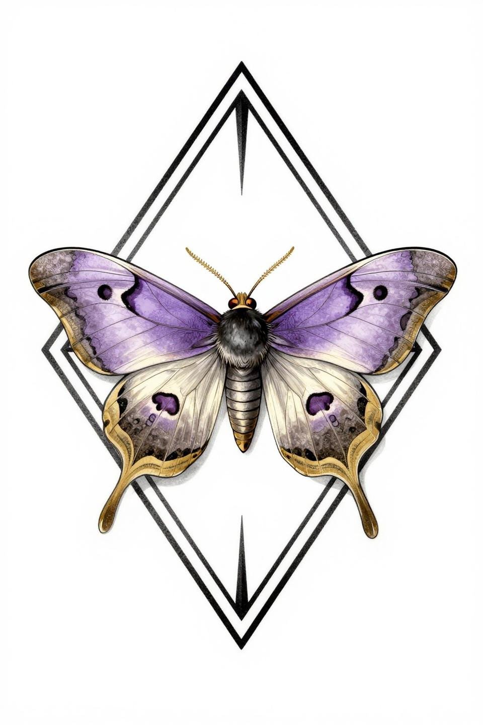 Saturniid moth celestial tattoo flash, art deco diamond frame, compass-drafted geometry, burnished gold fills, solid black ink, nocturnal perched pose