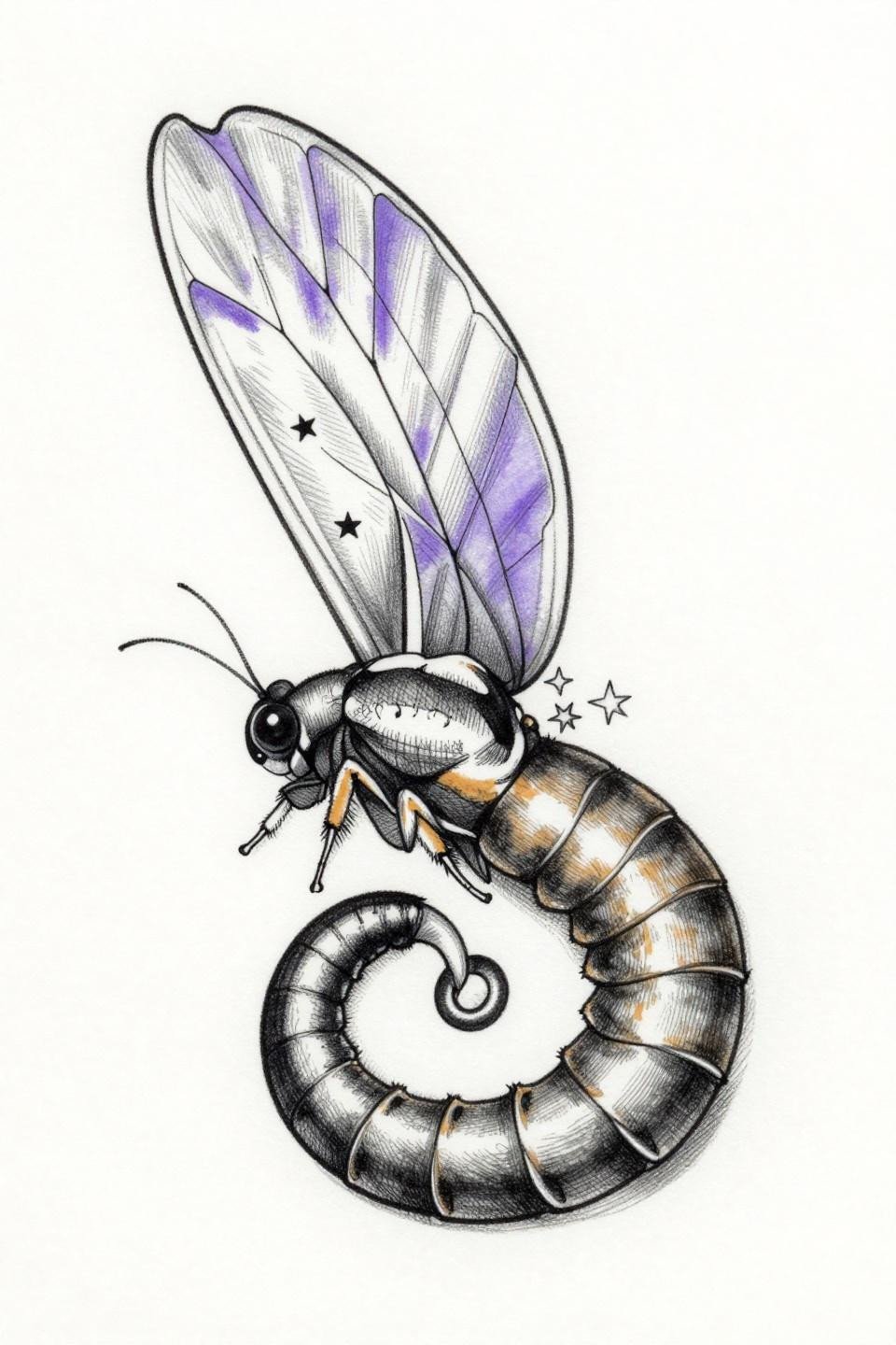 Sphinx moth whimsical tattoo flash, botanical scientific style, parallel line engraving, 0.3mm ruled strokes, grey wash midtones, semi-folded wings, coiled proboscis, star cluster