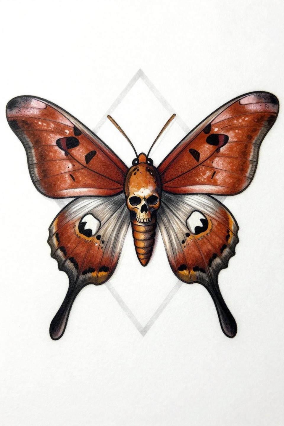 Acherontia atropos death's head hawk moth neo-traditional tattoo flash, bold 2-3pt outlines, grey wash tonal midtones, skull thorax markings, diamond frame, tent-wing formation