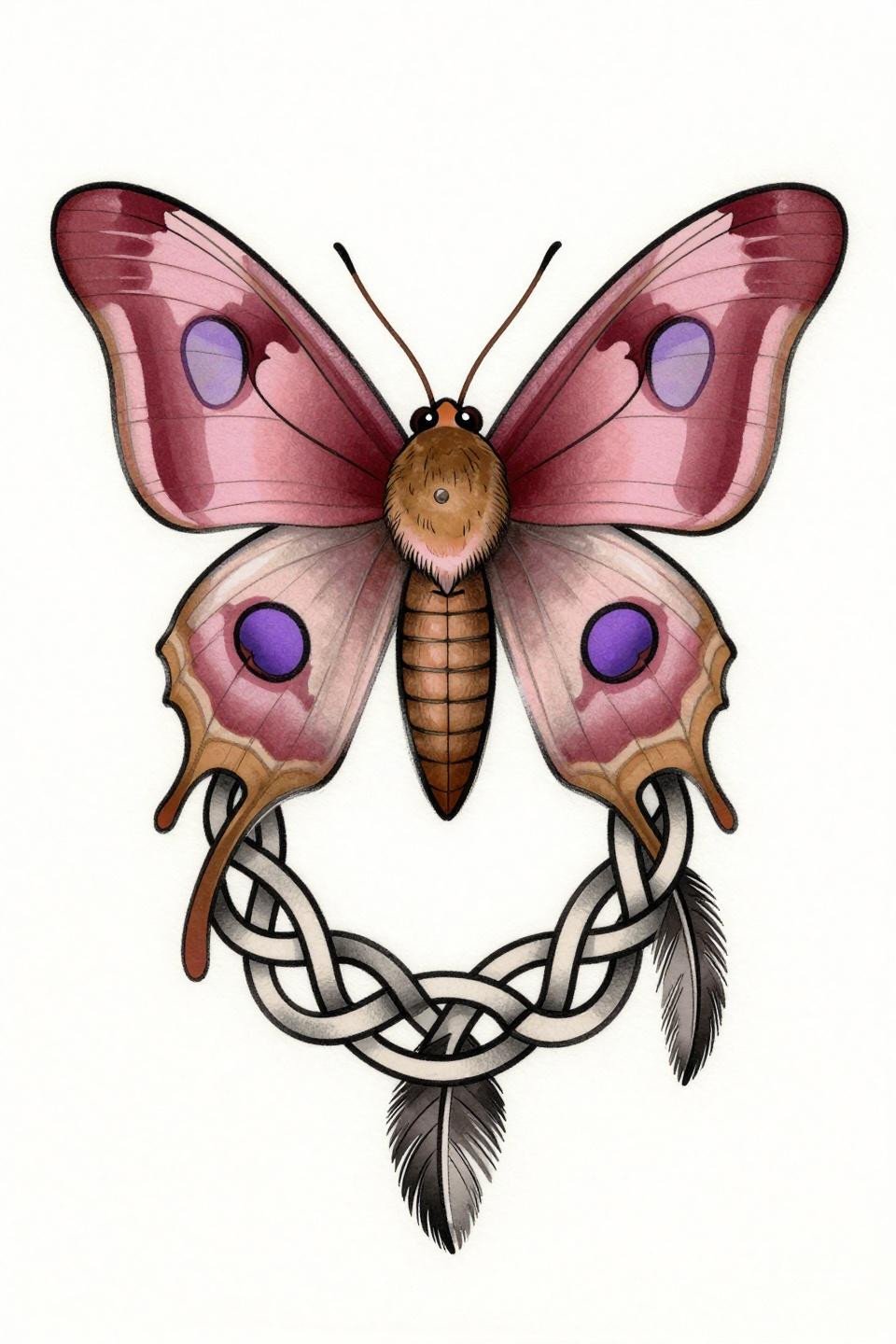 Cecropia moth tattoo flash, Celtic knotwork border, bold 2-3pt black outline, flat rose and charcoal fills, bilateral wing symmetry, inverted hang pose