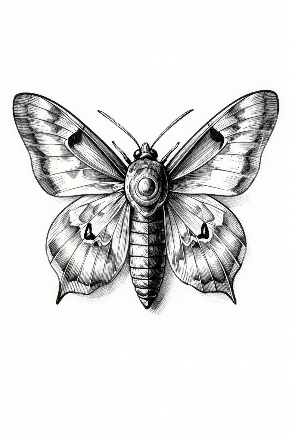 Yponomeutidae moth ethereal tattoo flash, etching woodcut style, parallel line engraving, crosshatch shadow, circular mandala frame, dense black ink grey wash midtones