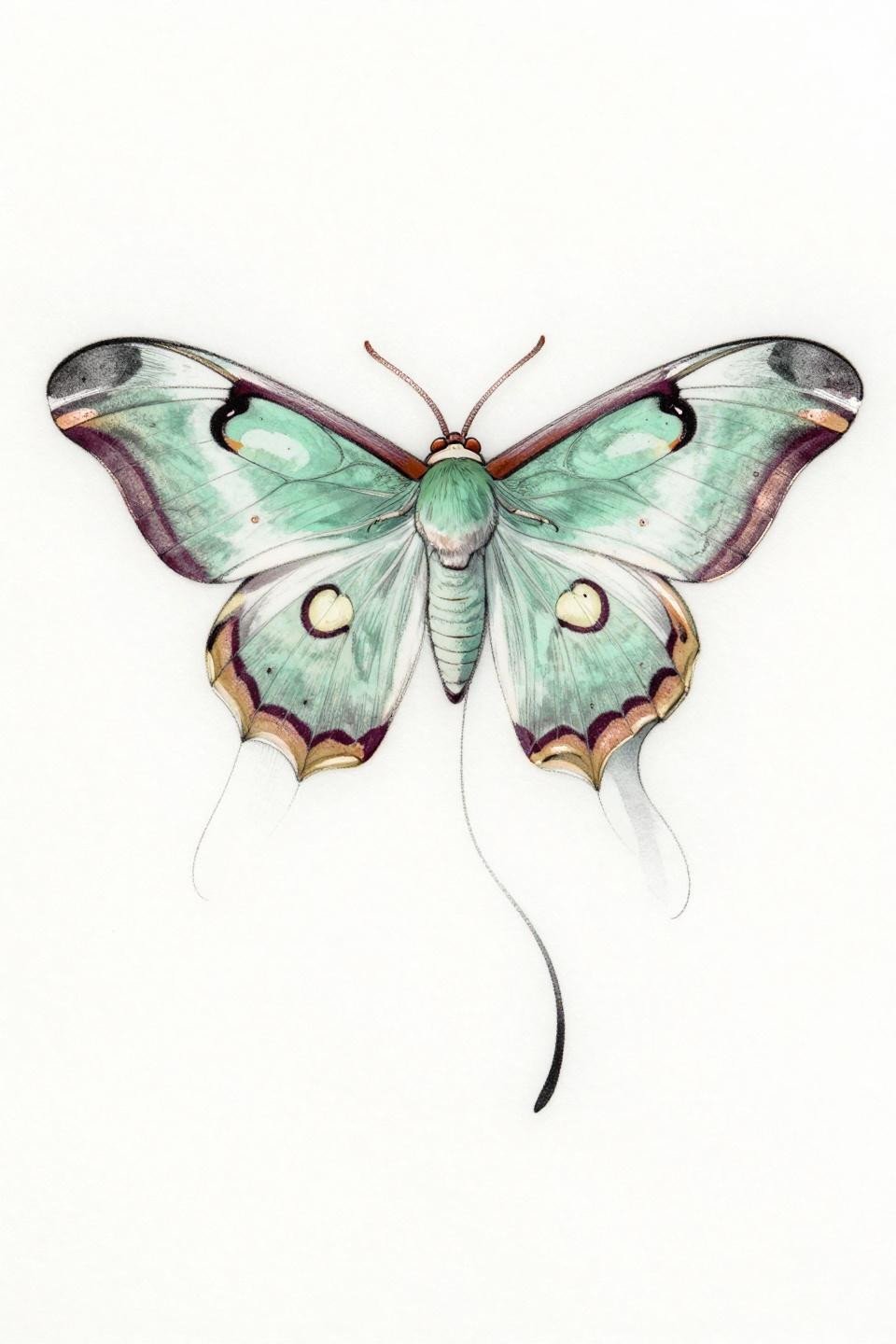 Rothschild silk moth fine line tattoo flash, hairline 0.5mm single needle 1RL strokes, jade-green wings, open negative space, deep teal ink copper accent, inverted hang pose