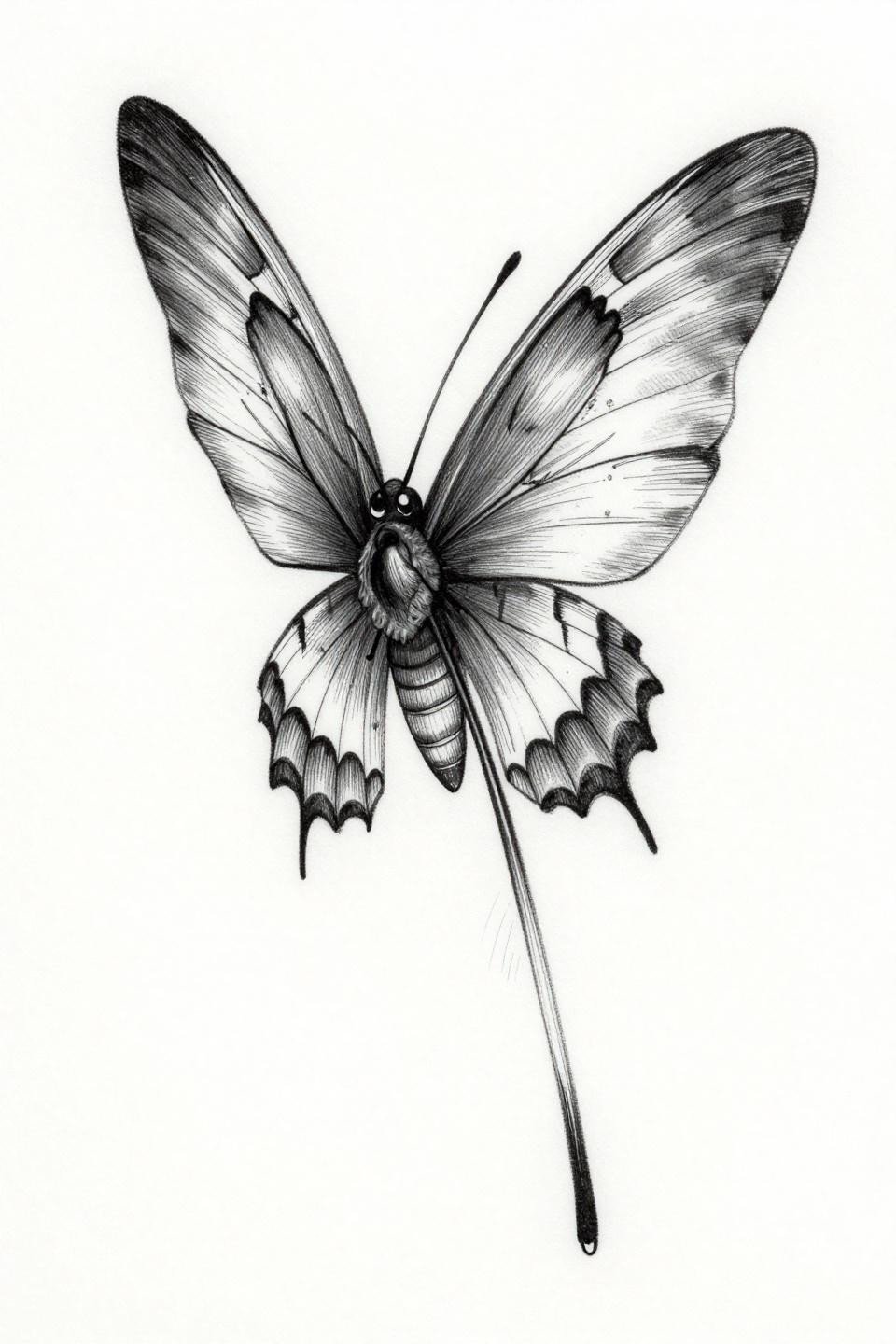 moth tattoo fine line flash, single needle 1RL hairline strokes, feathered antennae, segmented abdomen, four-wing vein lacework on white paper
