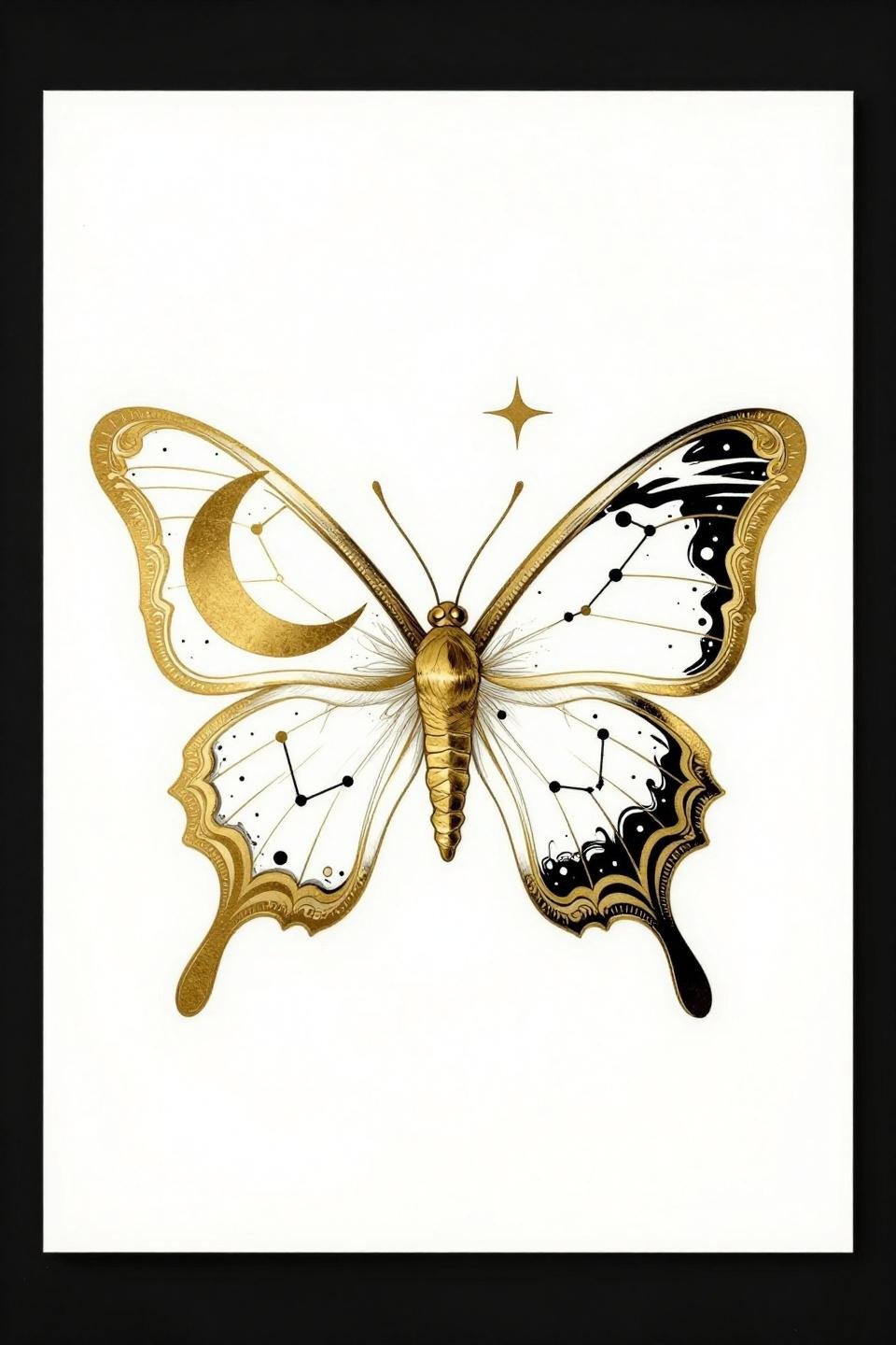 Luna moth tattoo flash art, art nouveau style, flat gold metallic and black ink, bilateral symmetry, crescent moon in forewing, constellation dot patterns, ornate flourish borders