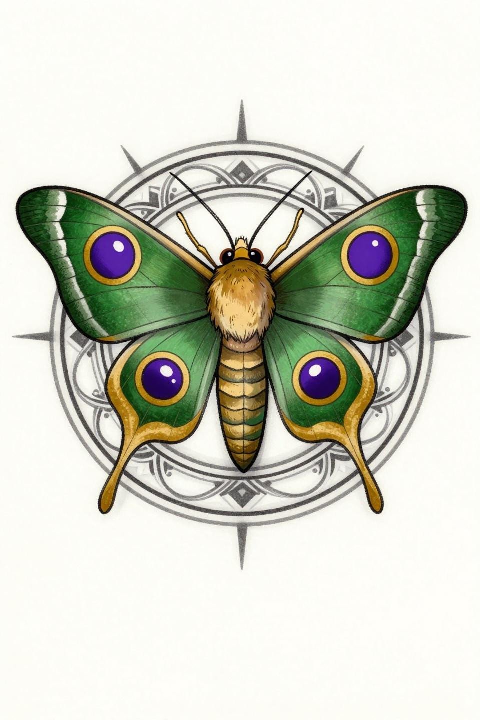 Antheraea polyphemus moth tattoo flash, tribal geometric style, circular mandala frame, bold 2-3pt outlines, flat forest green and gold fills, concentric violet gold eyespots