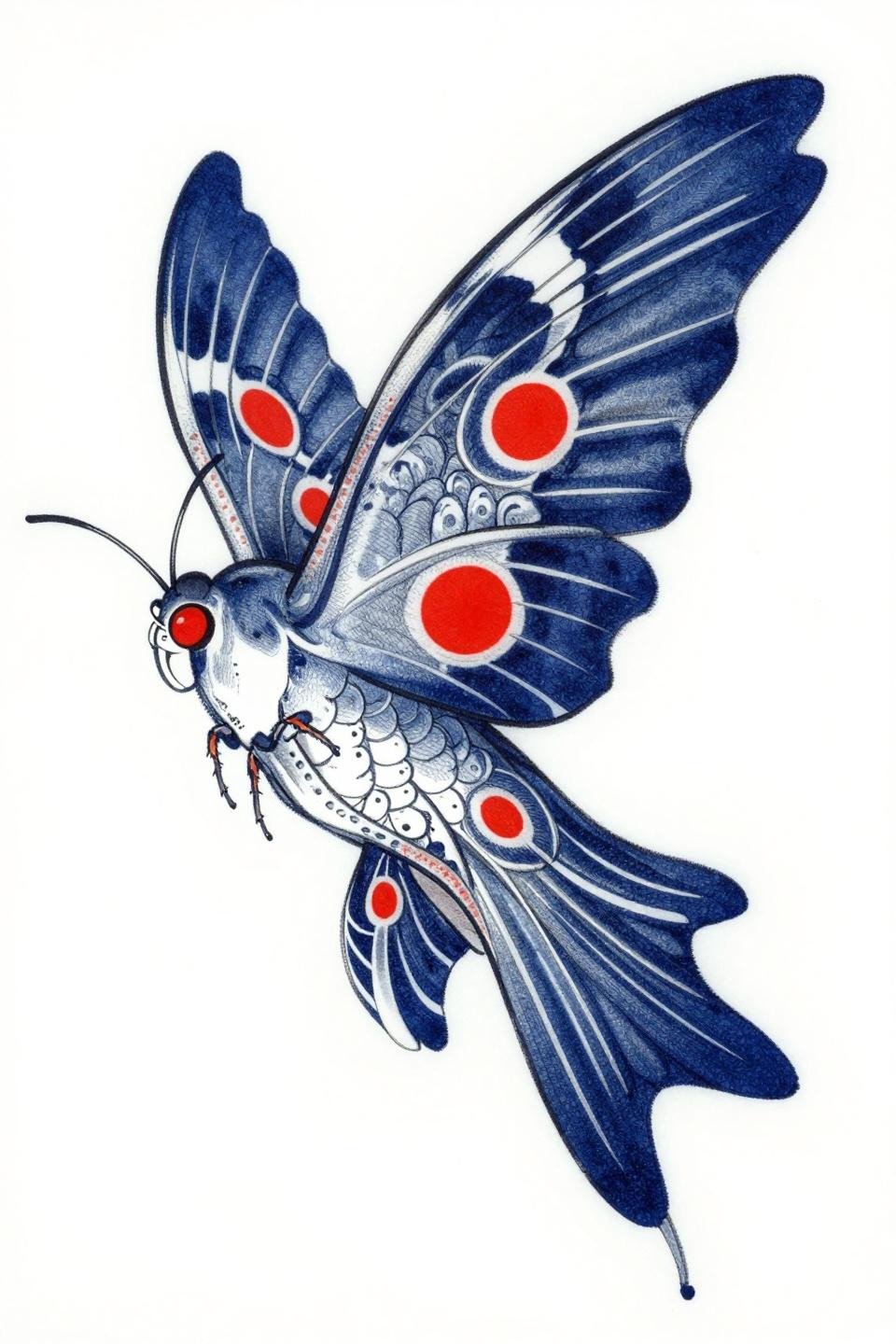 Polyphemus moth mystical tattoo flash, Japanese irezumi style, whip shading brushwork, directional ink strokes, deep indigo wash, crimson eyespot accent, three-quarter aerial descent pose