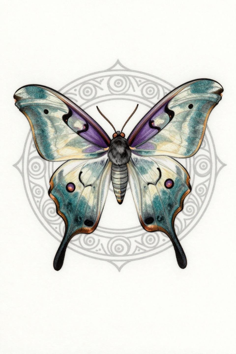 Saturniid silk moth mystical tattoo flash, Sak Yant style, circular mandala frame, sacred spiral geometry, bold 2-3pt outlines, deep teal ink copper accent