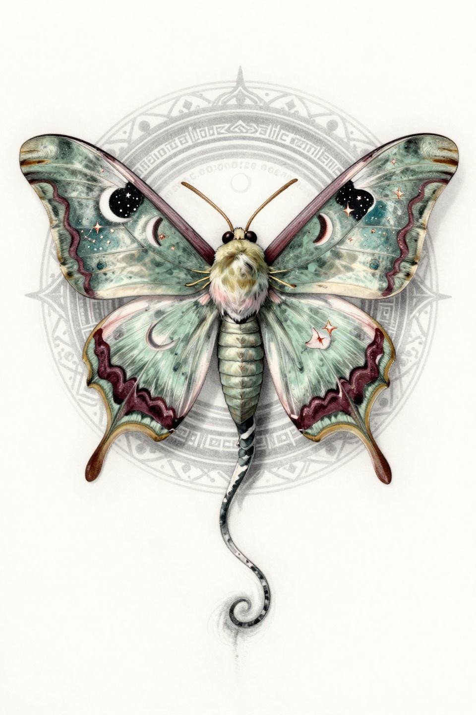 Sphinx moth surrealist tattoo flash, circular mandala composition, grey wash dilution, deep teal ink, copper metallic accent, crescent moon constellation overlay