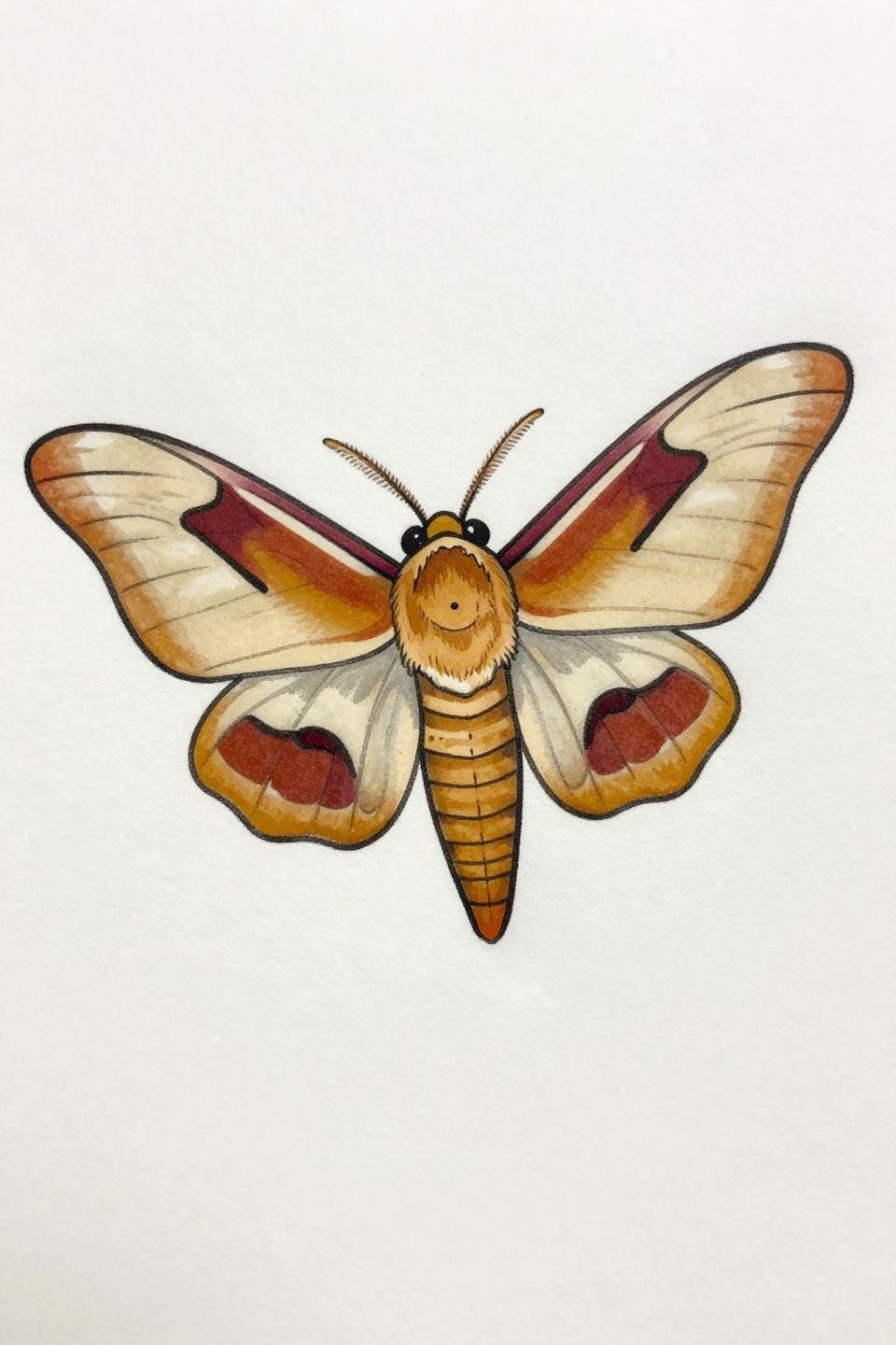 Ailanthus silkworm moth traditional American tattoo flash, bold 3pt black outlines, flat cadmium rust amber cream fills, ventral ascending pose, 45-degree wing spread