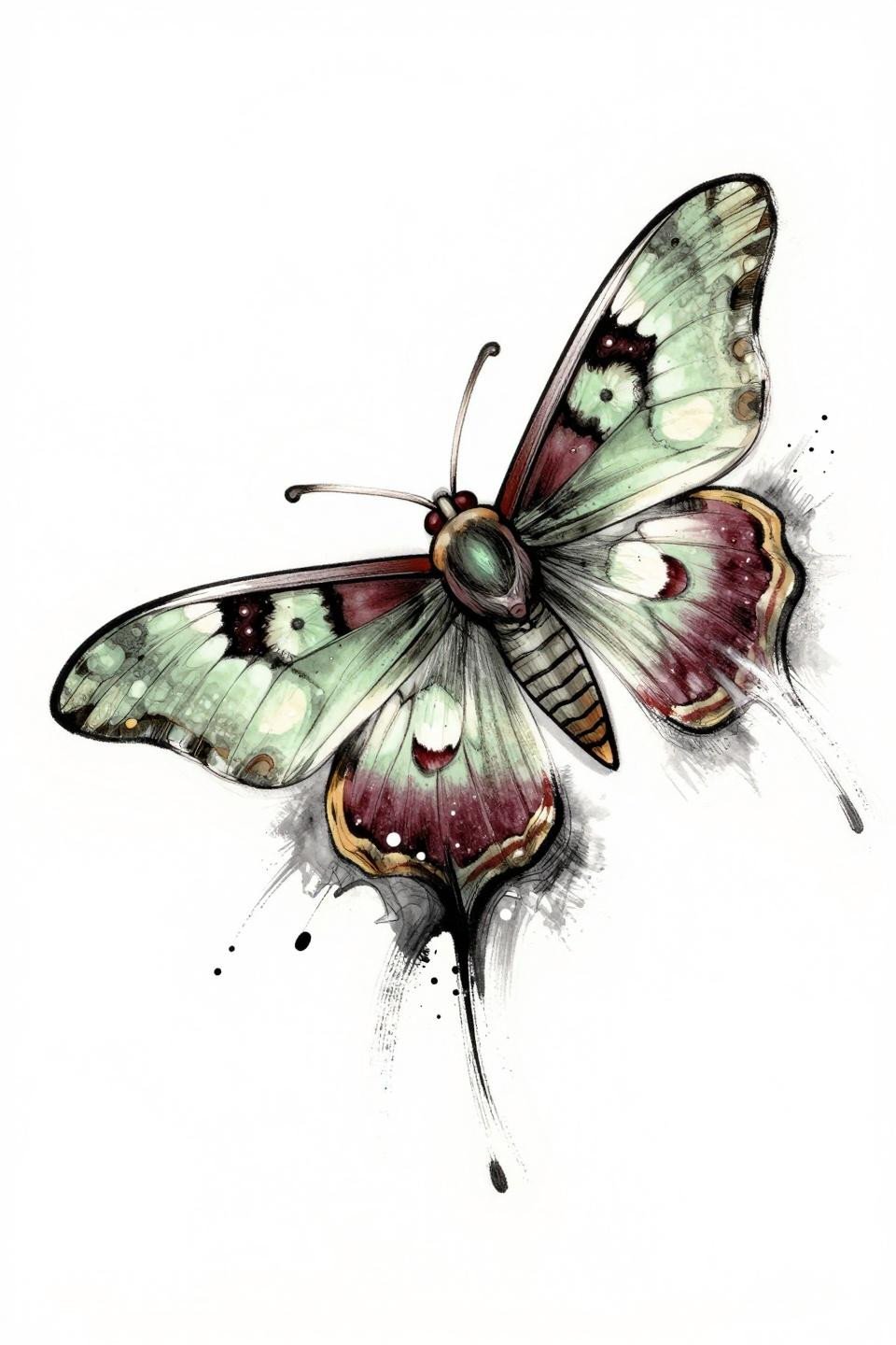Actias luna moth spiritual tattoo flash, trash polka style, aggressive whip shading, ink splatter organic edges, grey wash dilution, dense black ink, asymmetric freefall wings