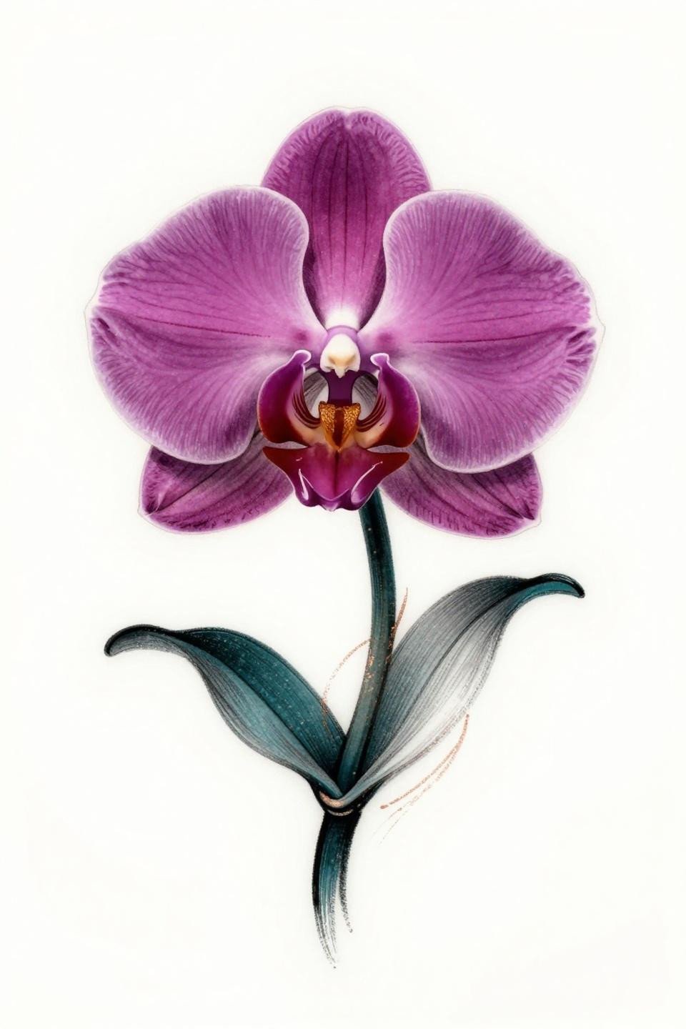 Japanese flower tattoo art nouveau style flash, Cattleya orchid ruffled magenta petals, whip shading curved strokes flowing linework, deep teal and copper metallic accent on black