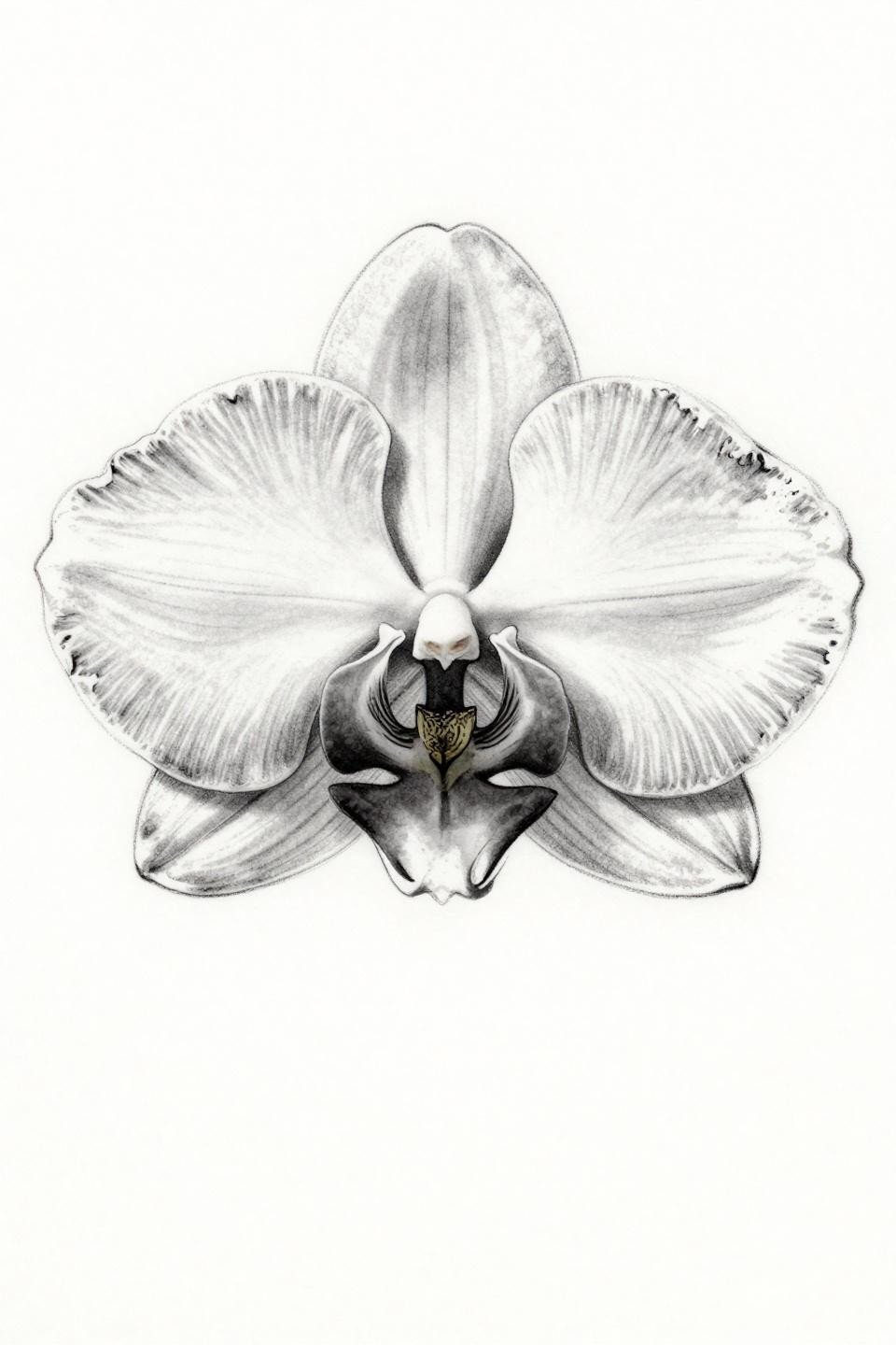 orchid fine line tattoo botanical scientific flash, Cattleya orchid straight-on view, hairline 0.5mm single needle strokes fine weight variation, grey wash midtones, dense black ink on white
