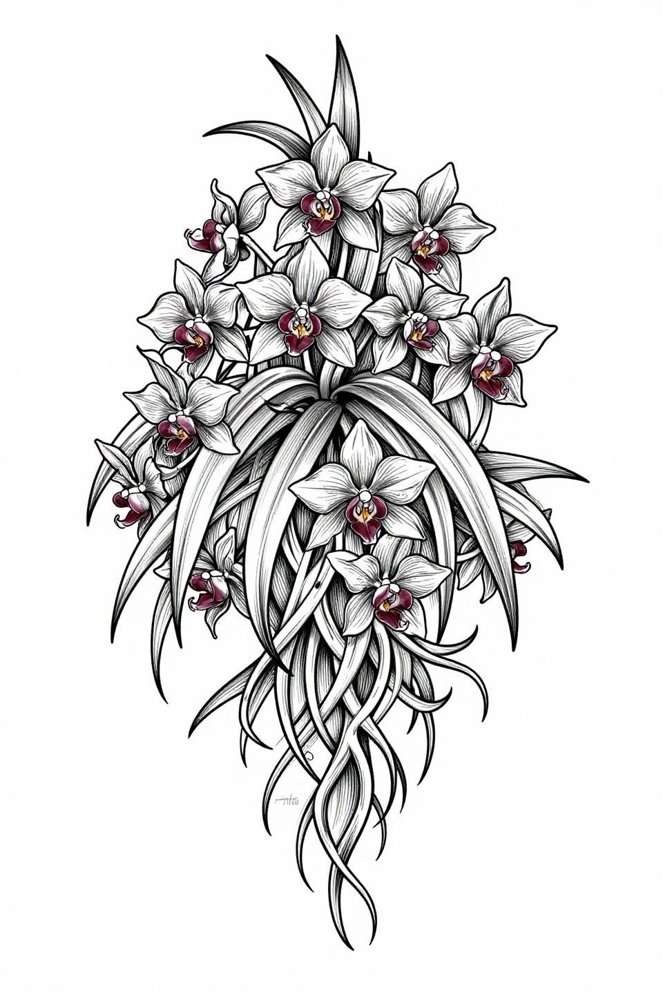 orchid fine line tattoo single continuous line style flash, Grammatophyllum scriptum orchid, one unbroken hairline black ink contour, no fill no shading, dense black ink on white
