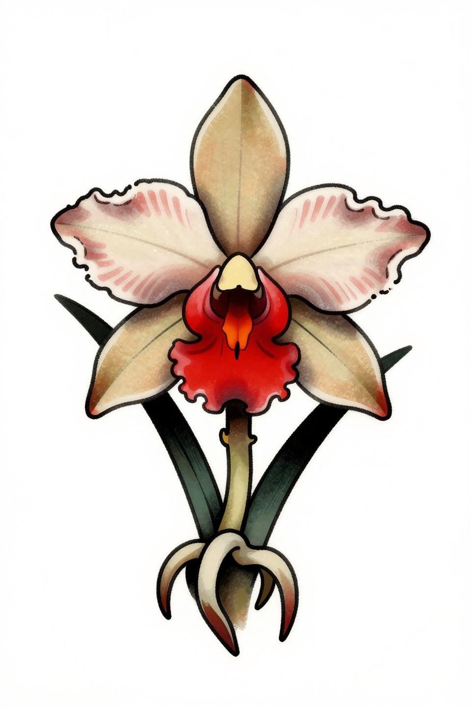 orchid fine line tattoo traditional American flash, Habenaria radiata fringed orchid, bold 2-3pt black outlines, flat crimson red and black ink fills, asymmetric layout