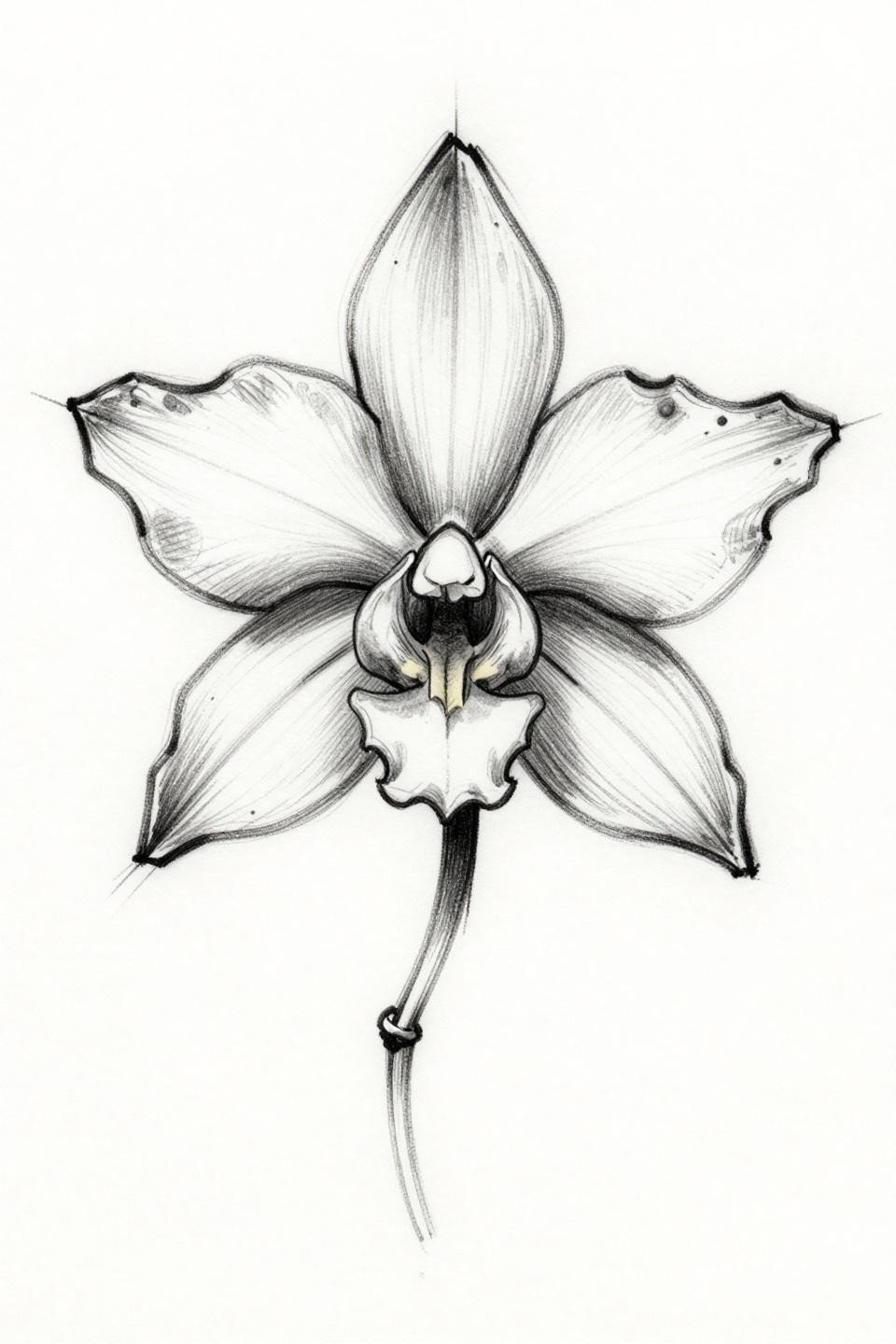 orchid flower tattoo sketch raw style flash, Masdevallia triangularis orchid, aggressive raw linework, bold irregular outlines, zero grey wash, dense black ink high contrast