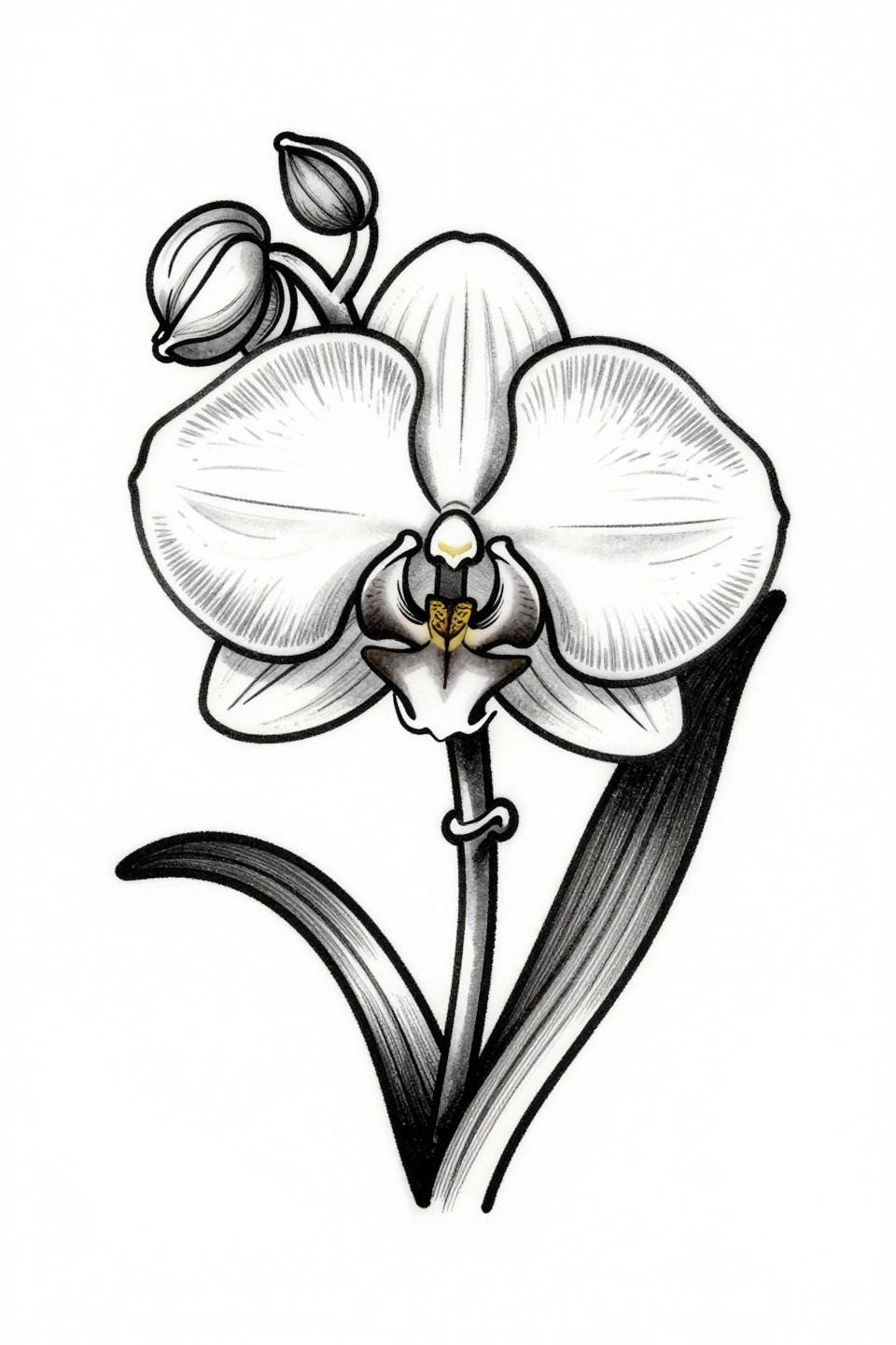 hibiscus orchid tattoo fine line minimal flash, Dendrobium orchid single centered vertical composition, bold 2-3pt black outlines flat color fills, clean linework economy, no grey wash