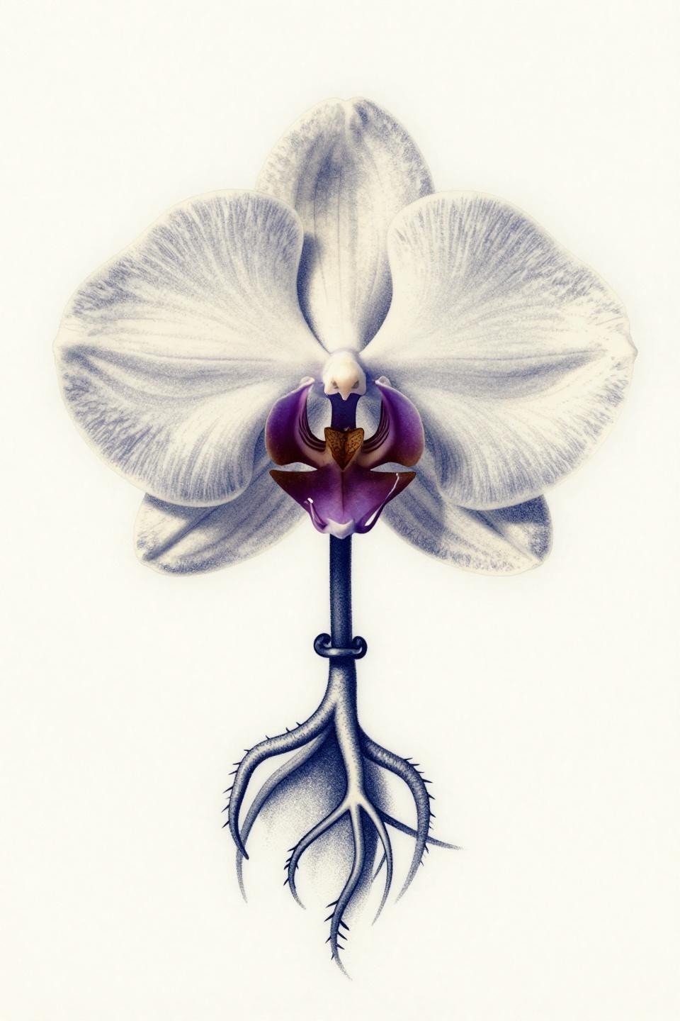 lily orchid tattoo micro realism flash, Limodorum ghost orchid stipple dotwork, dense dot clusters graduating to open negative space, navy blue and cream ink palette