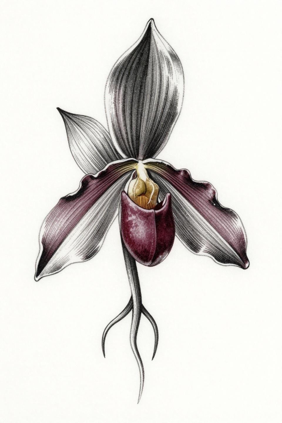 lily orchid tattoo etching woodcut style flash, Paphiopedilum rothschildianum lady's slipper, crossed parallel hatching engraving, dense shadow fields, grey wash midtones, black ink