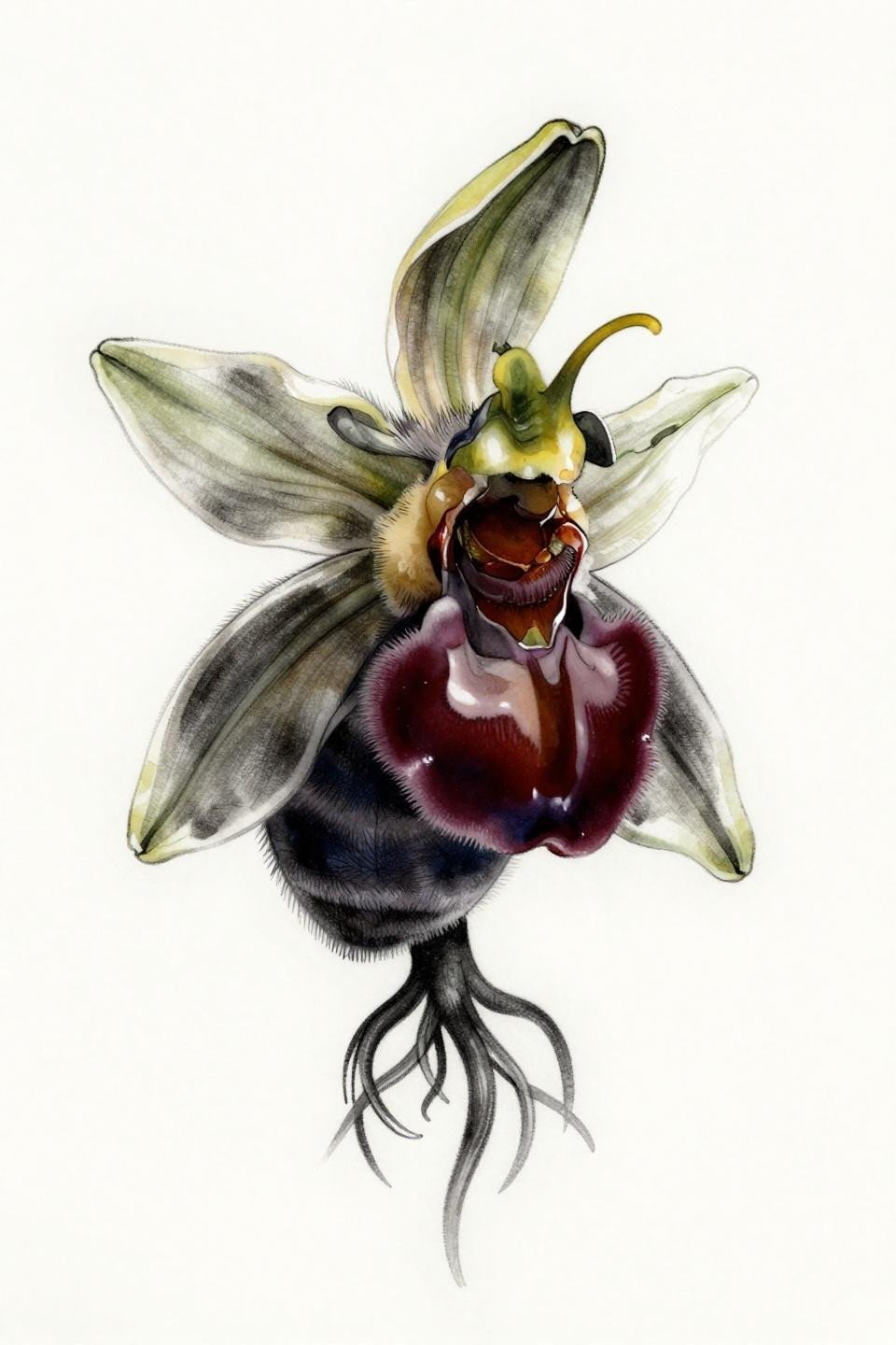 Japanese flower tattoo chicano grey wash flash, Ophrys apifera bee orchid, whip shading smooth grey wash gradients, deep indigo and crimson tones over grey wash midtones