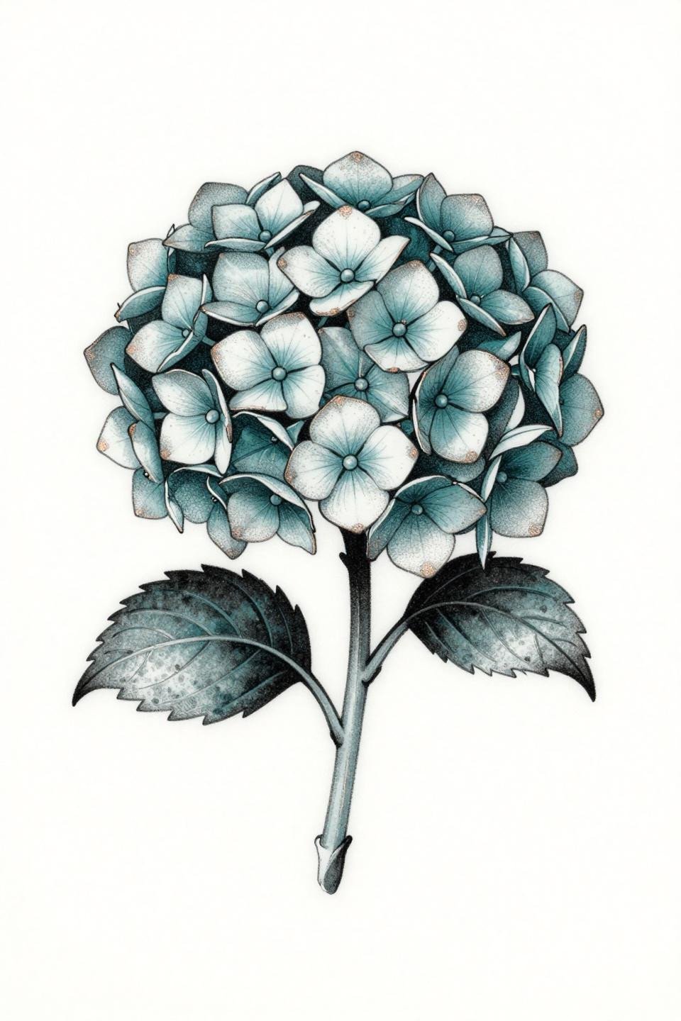 hydrangea tattoo botanical flash, circular mandala composition, stipple dot gradient dense at floret centers open at petal edges, deep teal and copper ink