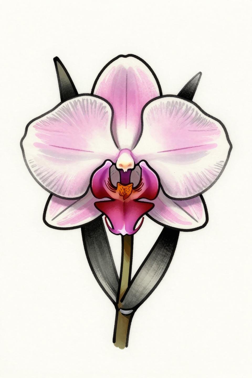 orchids tattoo design ignorant style flash, Anguloa tulip orchid, thick irregular wobble outlines, flat coral and charcoal fills, centered zero-symmetry composition
