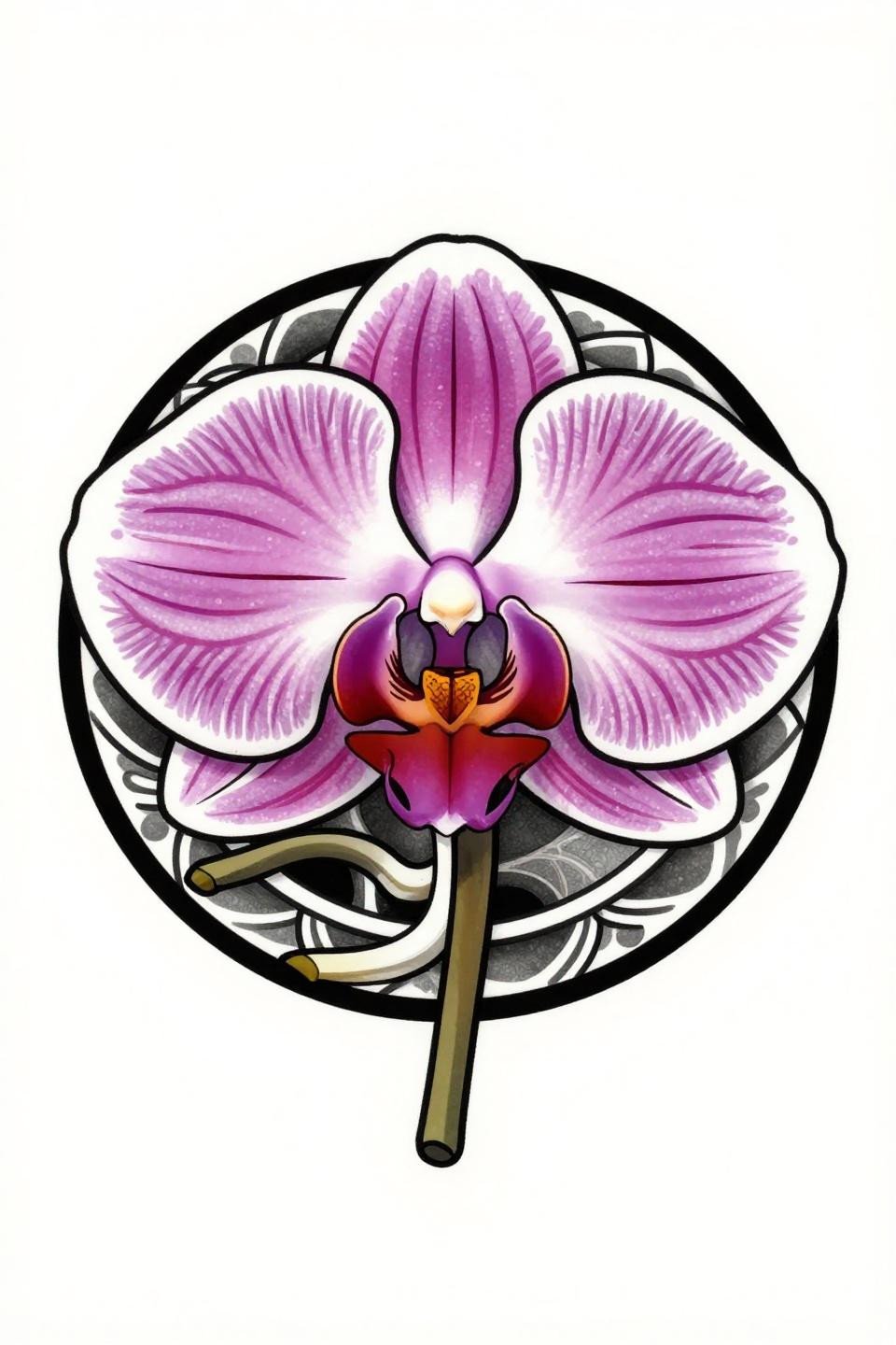 cherry blossom orchid tattoo Japanese irezumi flash, Phalaenopsis moth orchid circular mandala composition, bold 2-3pt black outlines, flat deep indigo and crimson magenta fills, bilateral symmetry