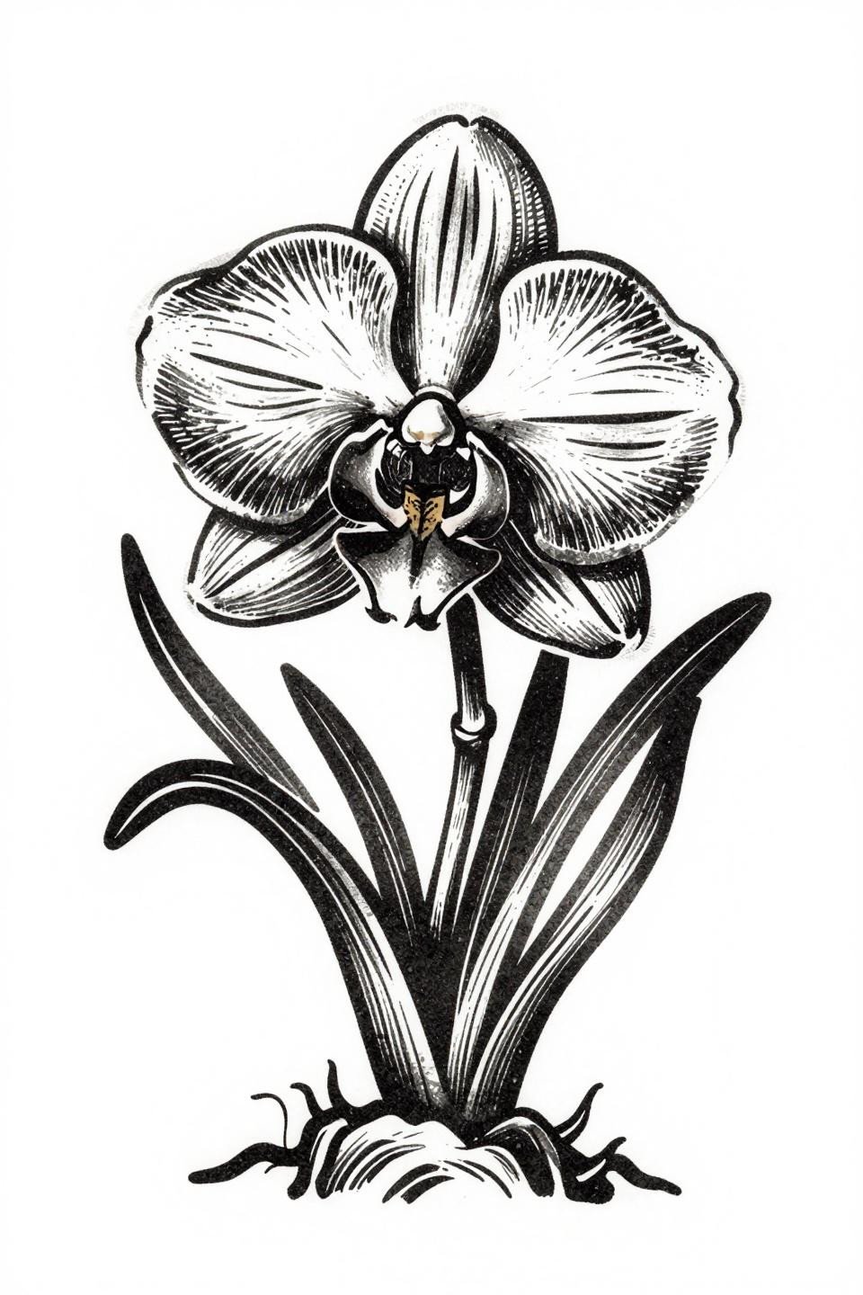 hibiscus orchid tattoo linocut print style flash, bold relief carving parallel line engraving, aggressive shadow blocks, coral and charcoal ink fills