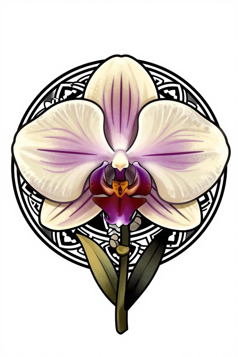 orchid flower tattoo sak yant style flash, Cymbidium orchid in circular mandala sacred geometry frame, bold 2-3pt black outlines, flat gold and black ink fills
