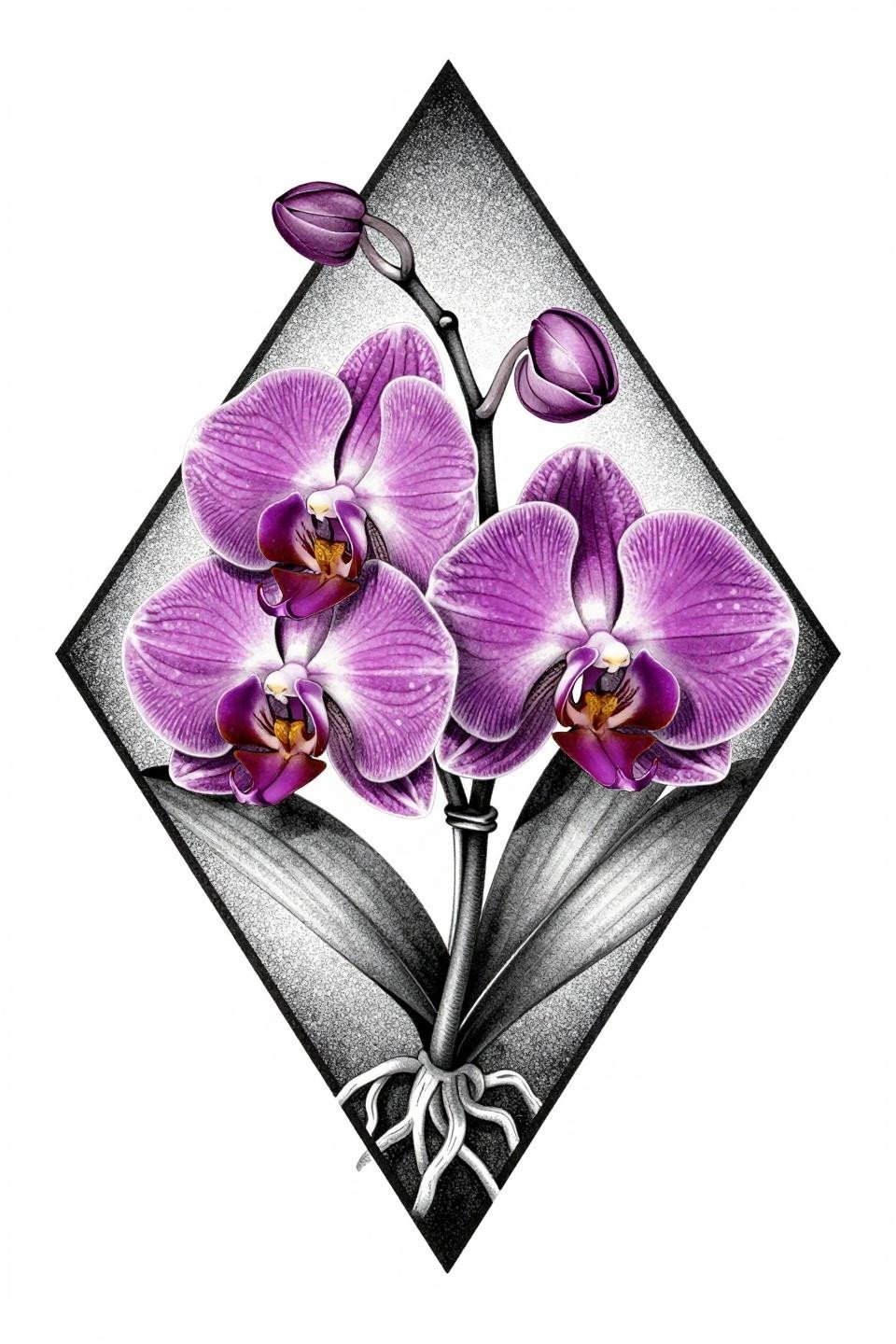 orchid tattoo minimalist blackwork dotwork flash, Vanda orchid in sharp diamond geometric frame, stipple dot gradient dense at center open at edges, grey wash dilution midtones, black ink