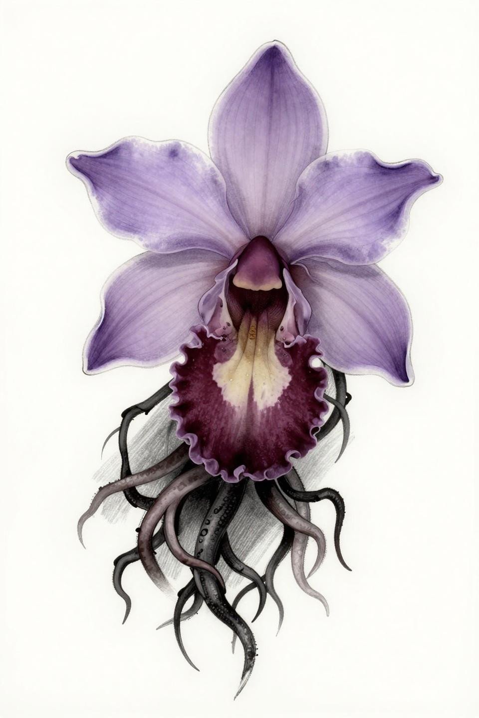 orchid tattoo minimalist surrealist flash, Limodorum ghost orchid, thick aerial roots asymmetric layout, bold charcoal whip shading, open lavender midtones