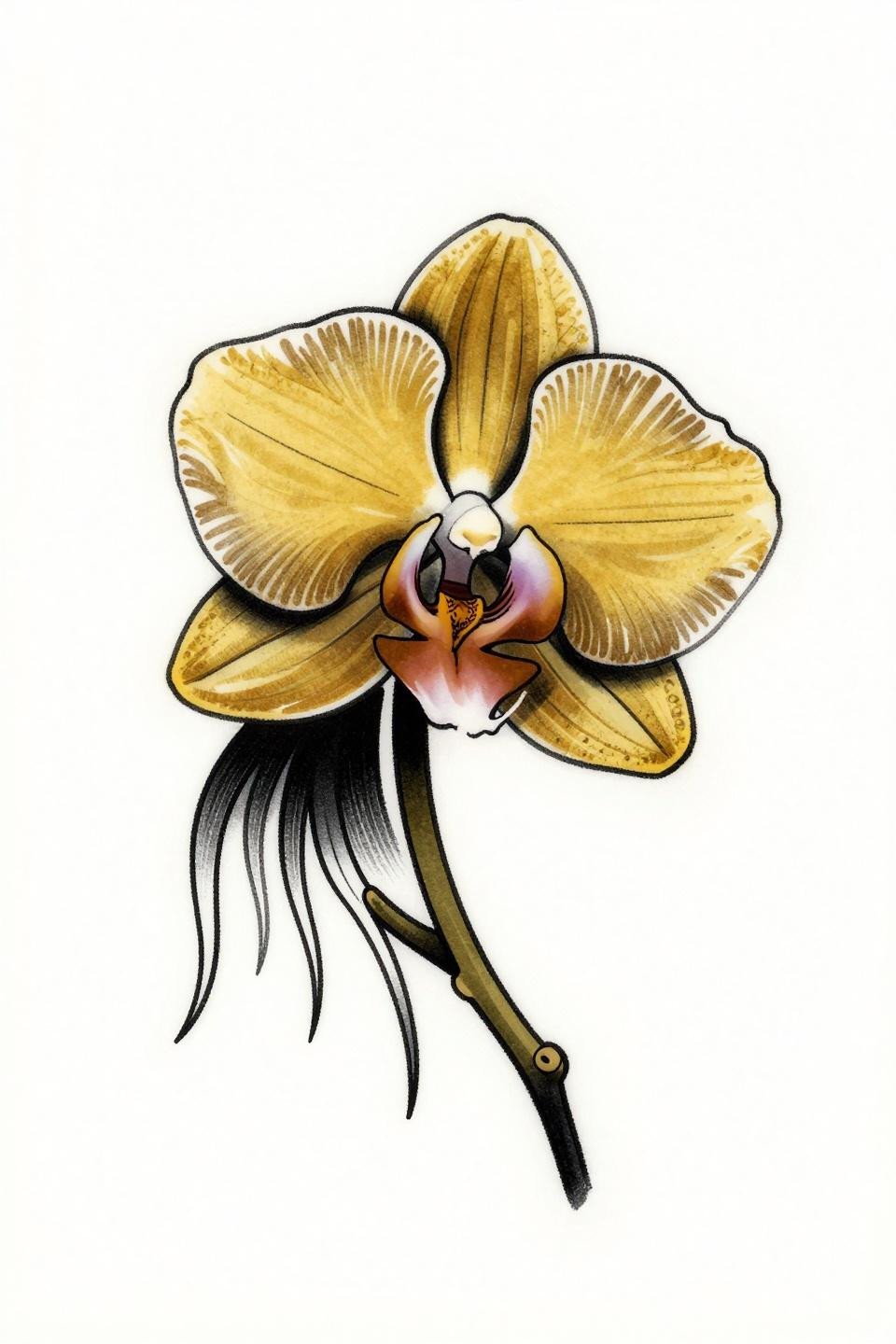 hydrangea orchid tattoo neo-traditional flash, Oncidium dancing lady orchid, bold 2-3pt black outlines, flat gold and black ink fills, asymmetric diagonal flow composition