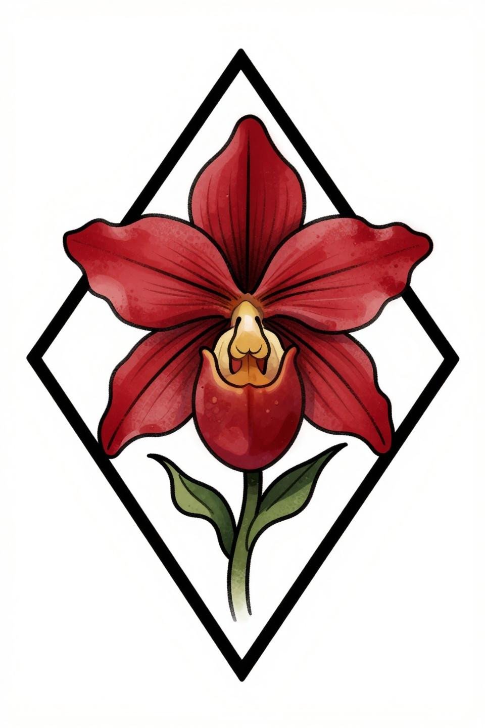 hydrangea orchid tattoo old school sailor flash, Phragmipedium lady's slipper orchid, bold diamond frame, flat crimson red fills, 2-3pt black outlines on white paper