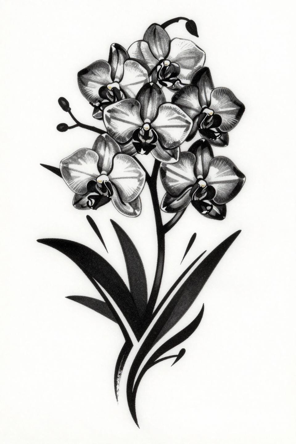 orchids tattoo design tribal geometric flash, Epidendrum crucifix orchid abstracted into bold interlocking angular tribal lines, flat black fills high contrast graphic, 2-3pt outlines