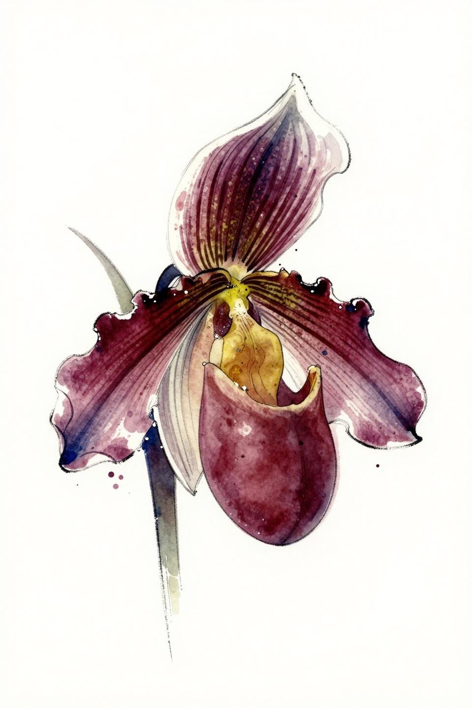orchid flower tattoo watercolor splash style flash, Paphiopedilum lady's slipper orchid, brush calligraphic marks, deep indigo and crimson watercolor diffusion, asymmetric bleeding edges
