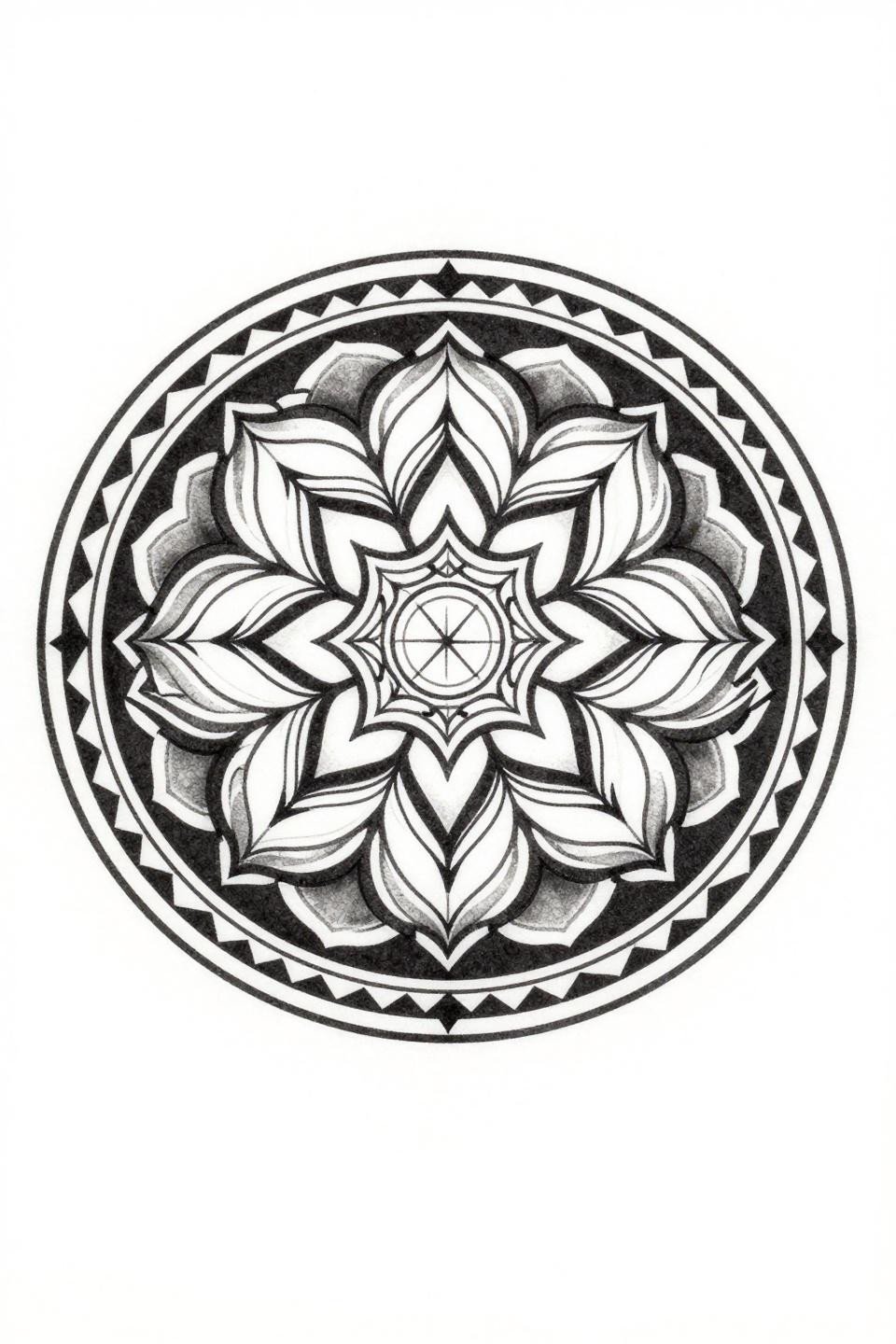 ornamental mandala tattoo irezumi Japanese style, nested lotus petals eight-pointed star core, spear-tip geometric radial forms, concentric circle triangle-tooth borders, bold 2-3pt outlines flat black ink no grey wash
