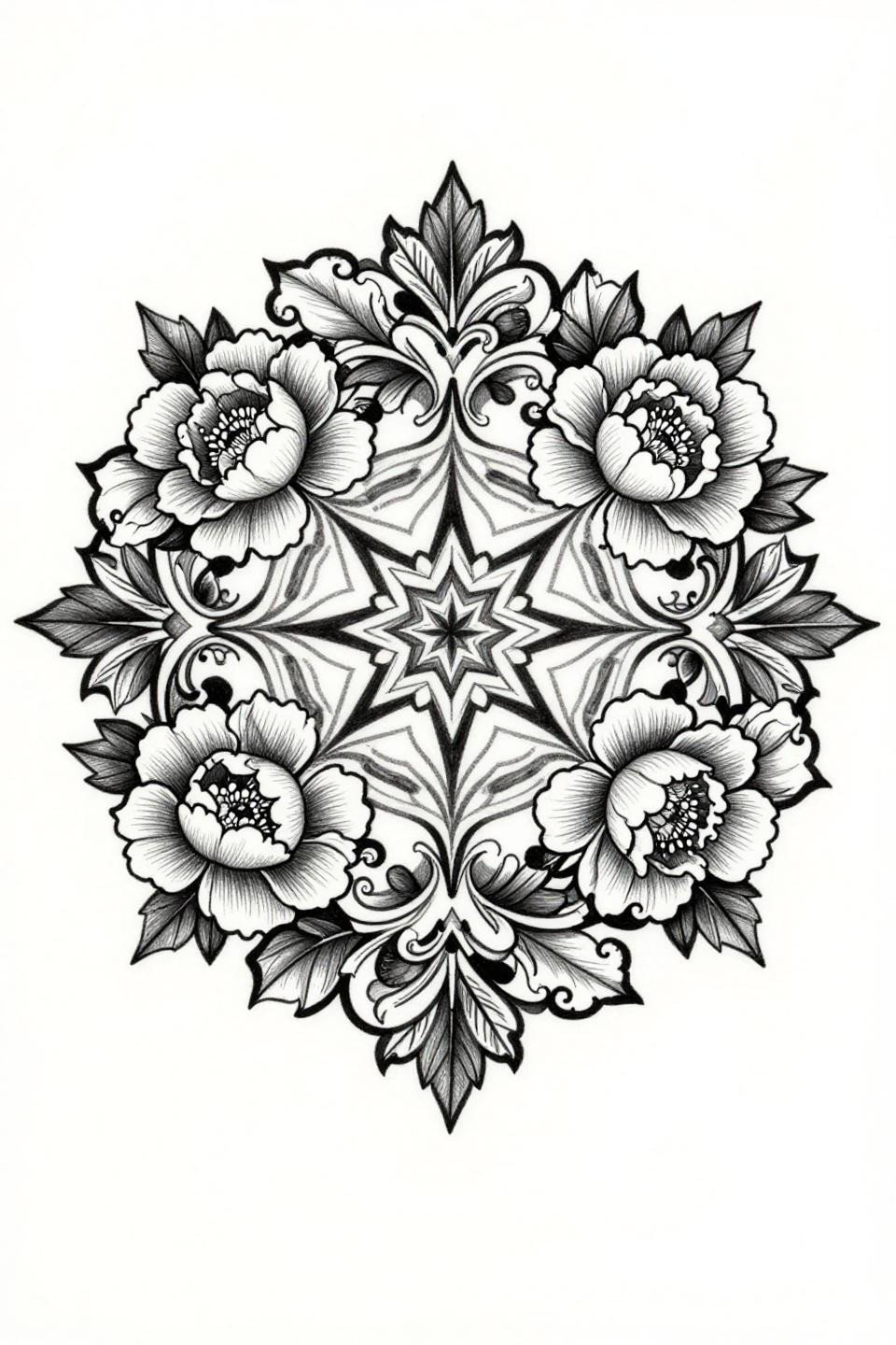 traditional ornamental tattoo Art Nouveau floral wreath mandala flash, acanthus leaves bilateral symmetry, hairline 0.5mm single-needle filigree scrollwork, four blooming peonies cardinal points, no grey wash