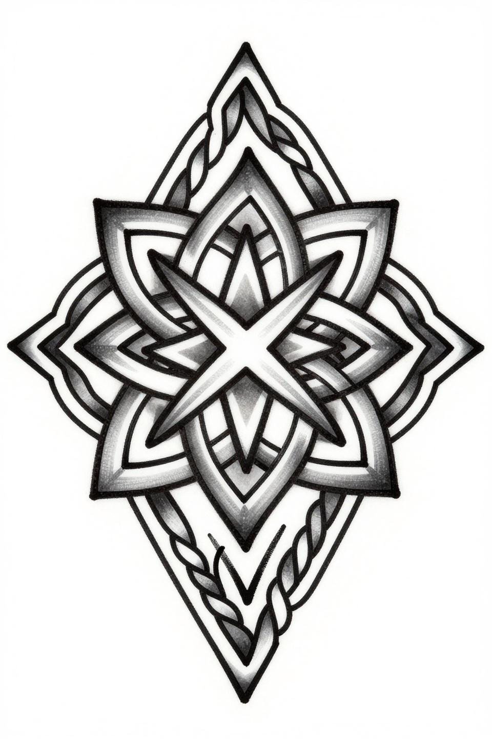 black ornamental tattoo Celtic knotwork medallion flash, interlocking ribbon patterns, four-pointed star center, twisted rope border, diamond frame sharp angular corners, bold 2-3pt black flat fills grey wash midtones