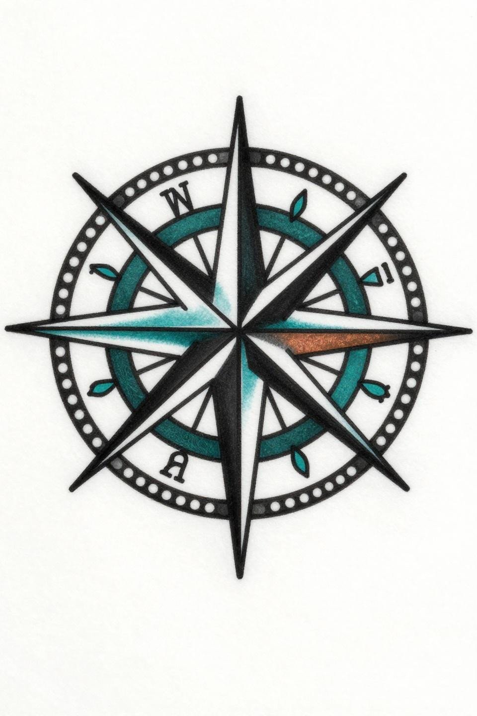 bold ornamental tattoo compass rose traditional American flash, eight-point star, bold 3-4pt black outlines, deep teal and copper flat color fills, pearl-beaded border