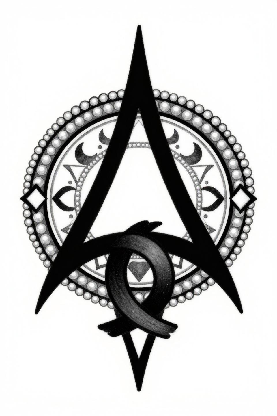 bold ornamental tattoo triquetra knot tribal geometric flash, three interlocking pointed arcs, bold 2-3pt black flat fills, pearl-stud diamond crescent moon border, stark negative space carving