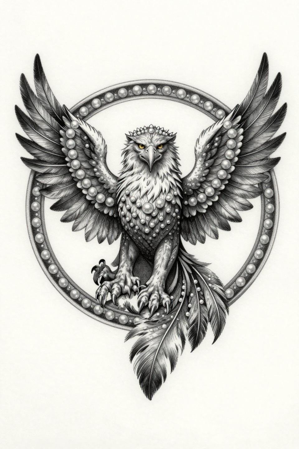 floral ornamental tattoo griffin wings circular frame micro realism, hairline 0.5mm single-needle strokes, pearl-studded feather detail, open negative space grey wash