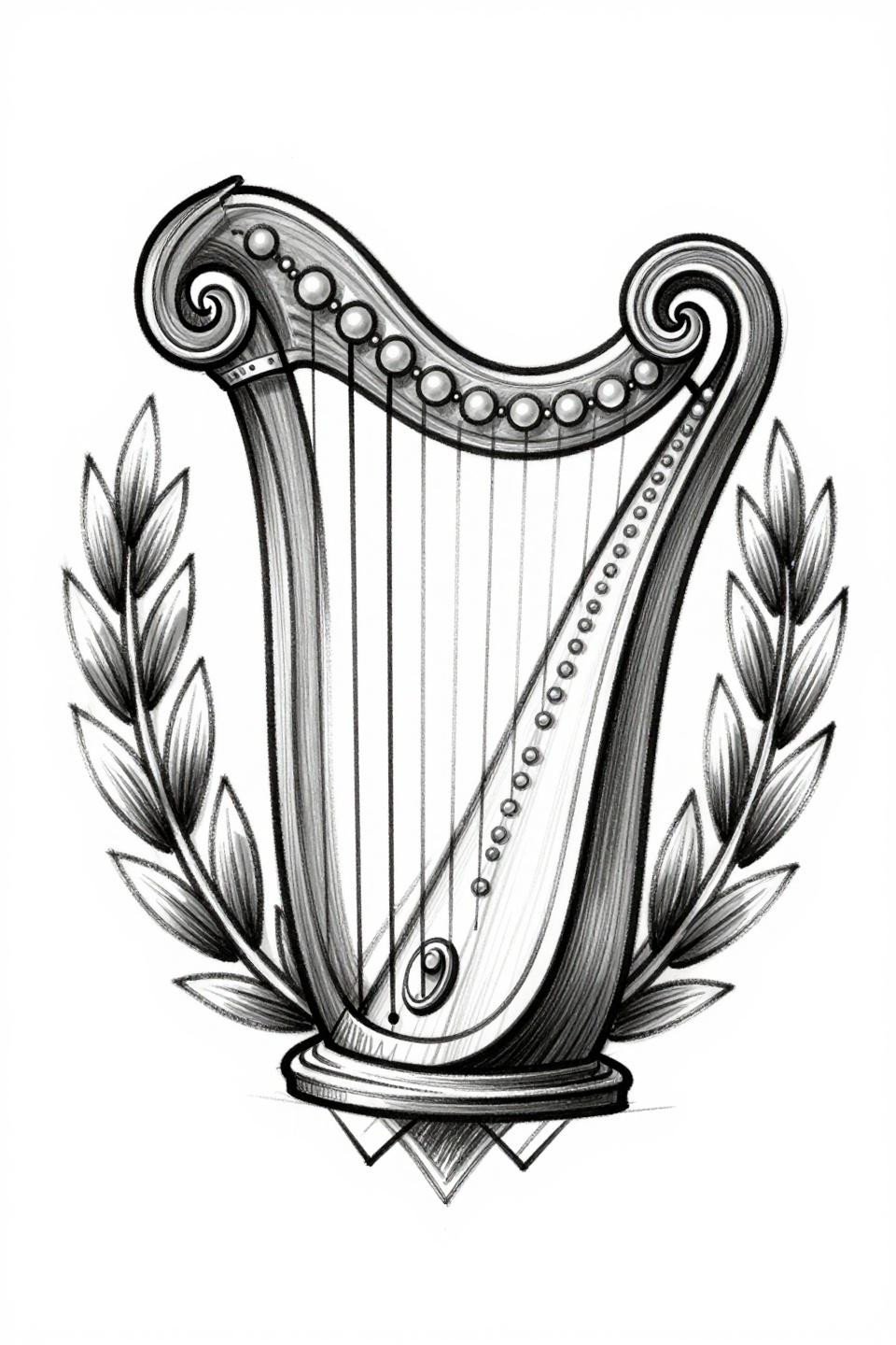 ornamental mandala tattoo lyre harp sketch raw style, pearl-studded strings, laurel wreath frame, diamond composition, bold 2-3pt varied weight black outlines grey wash midtones