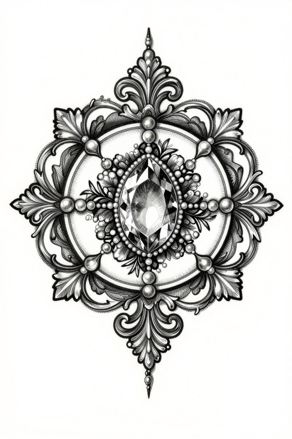 small ornamental tattoo baroque wreath mandala etching woodcut style, parallel line engraving crosshatch shadow fields, teardrop gem center, pearl-studded radiating branches, dense border hatching